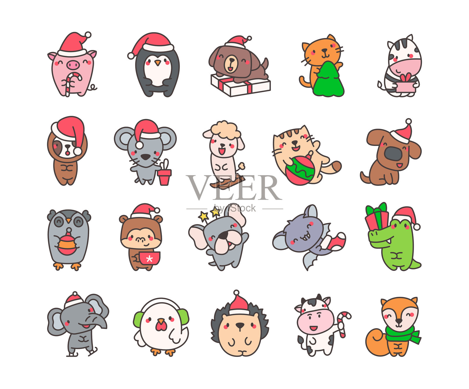 快乐的圣诞动物。节日卡通角色。手绘风格。矢量图。设计元素合集。插画图片素材