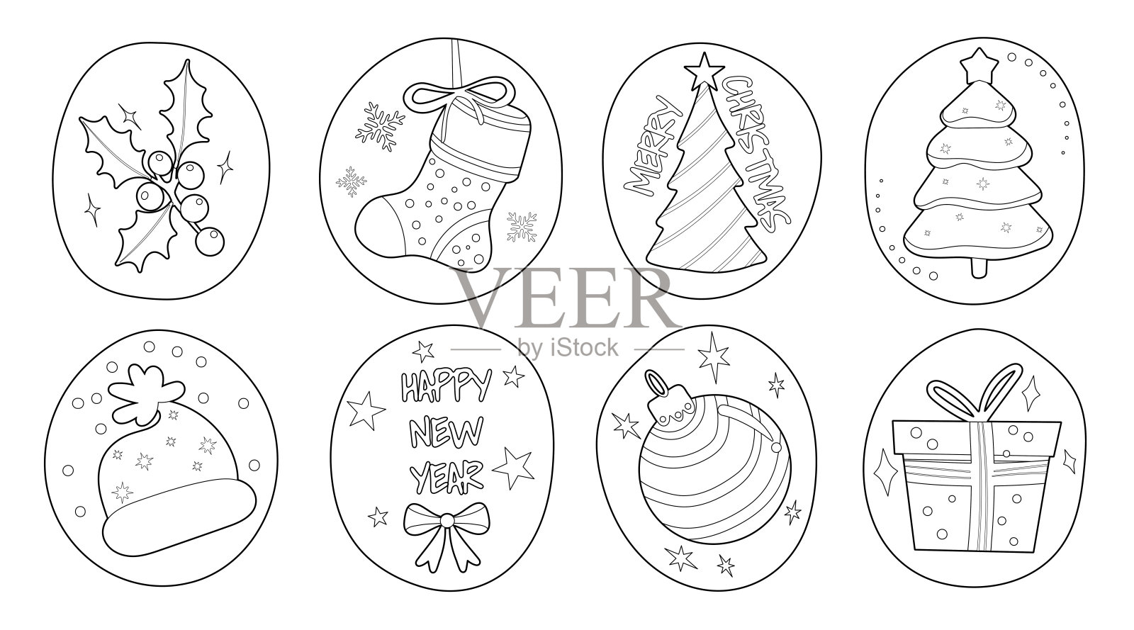 一套可爱的涂鸦风格的圣诞节和新年标签，背景为白色，黑色轮廓，内部为空白。插画图片素材