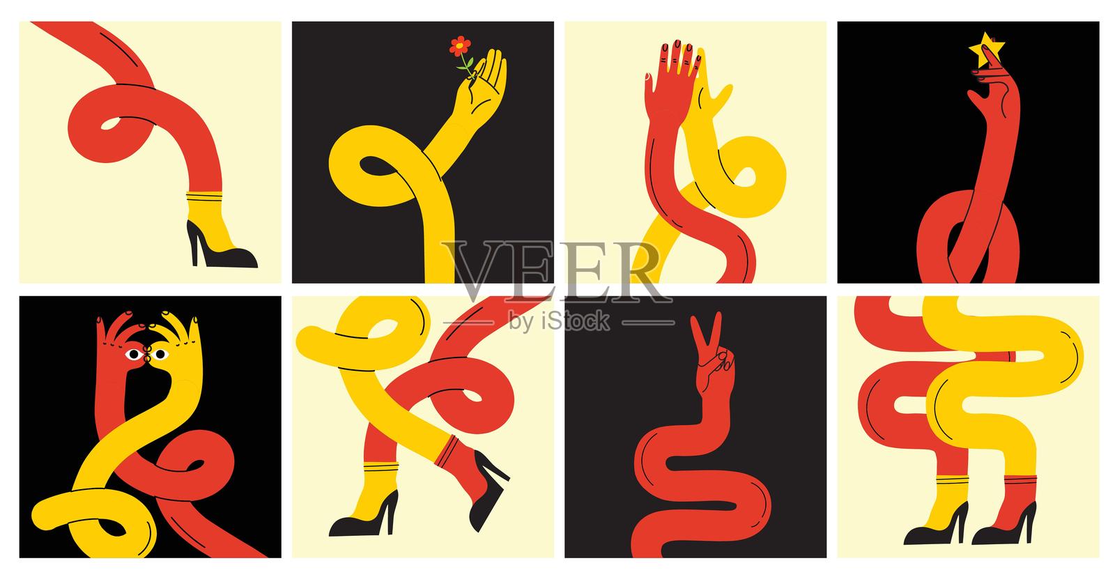 时髦的手绘矢量插图，展示了一组色彩丰富、曲线优美、搞笑扭曲的嬉皮士风格的腿和手，呈现出不同的姿势。扁平设计。插画图片素材