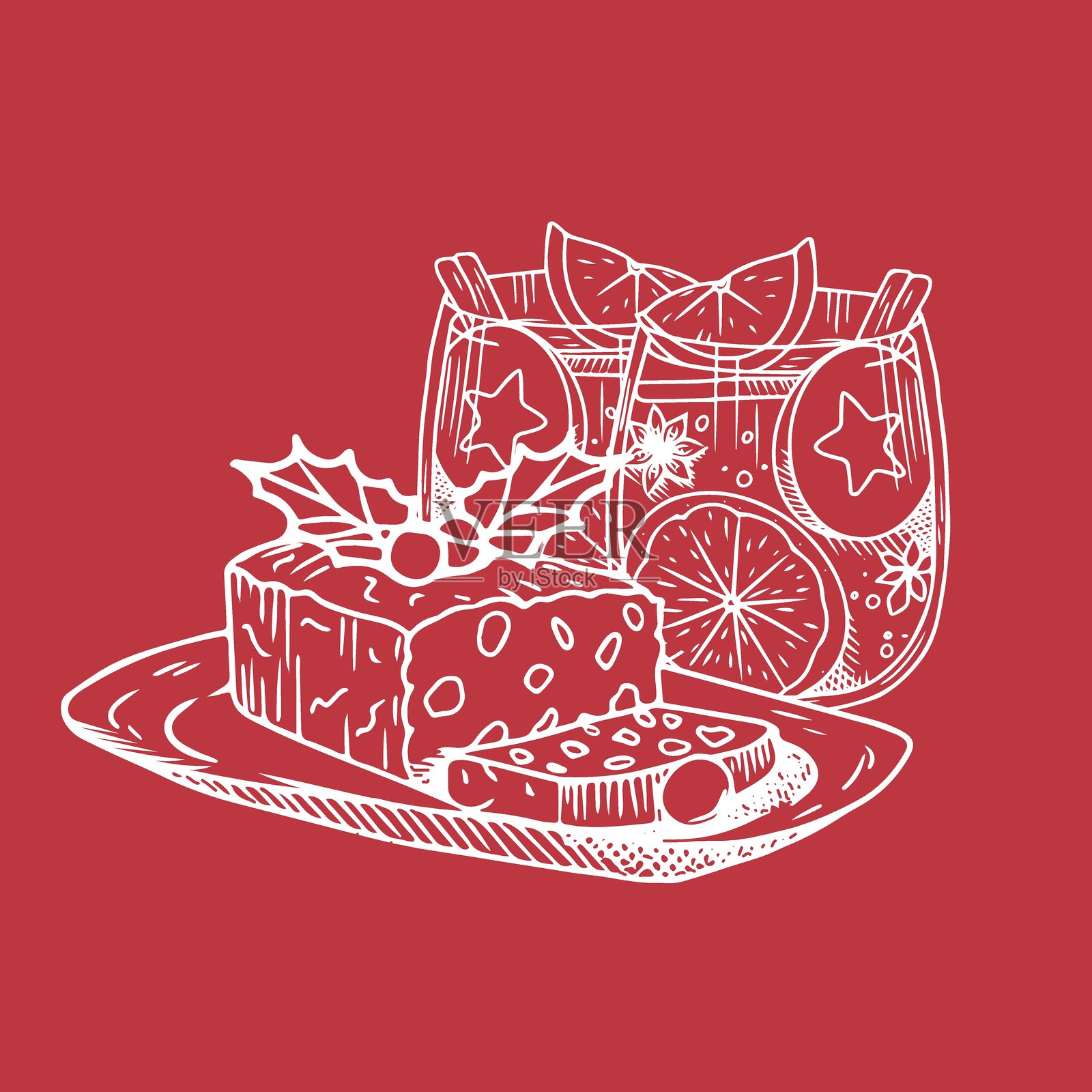 圣诞节英式水果蛋糕的素描，上面装饰着蔓越莓，背景中有装满苹果酒的玻璃杯。旁边是英式水果蛋糕和苹果酒杯的插图。插画图片素材