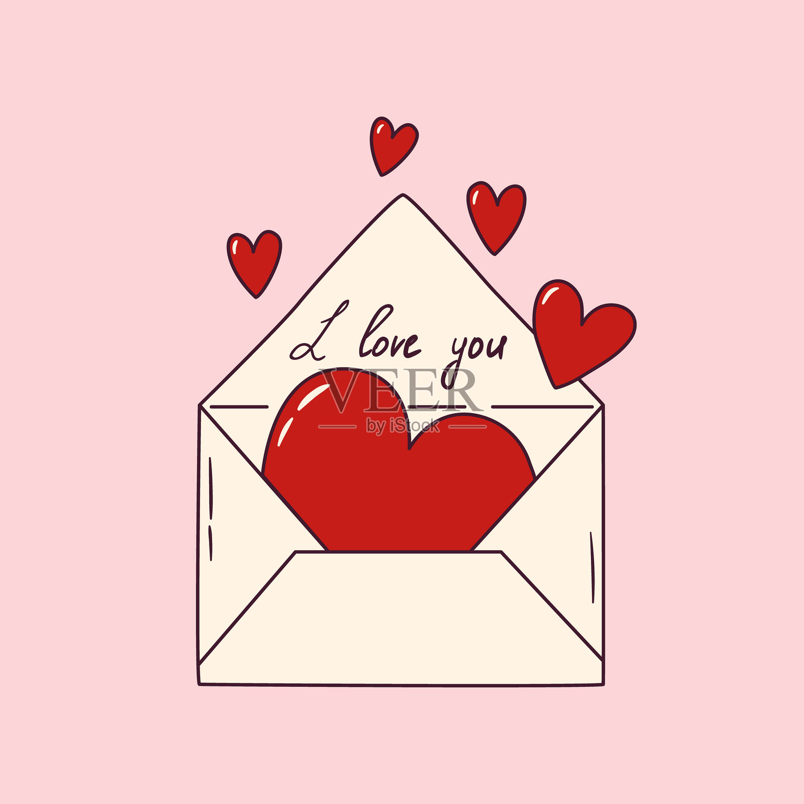 手绘矢量插图，白色信封上有红色心形图案。爱情信件涂鸦画。浪漫明信片。插画图片素材