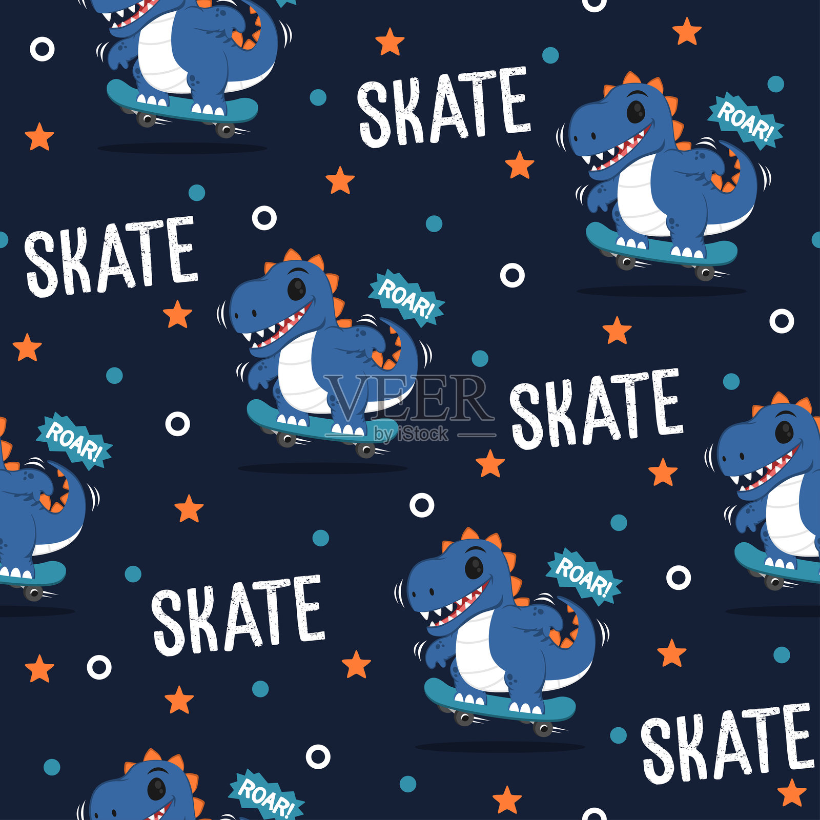 酷炫的恐龙滑板卡通矢量图案设计。插画图片素材