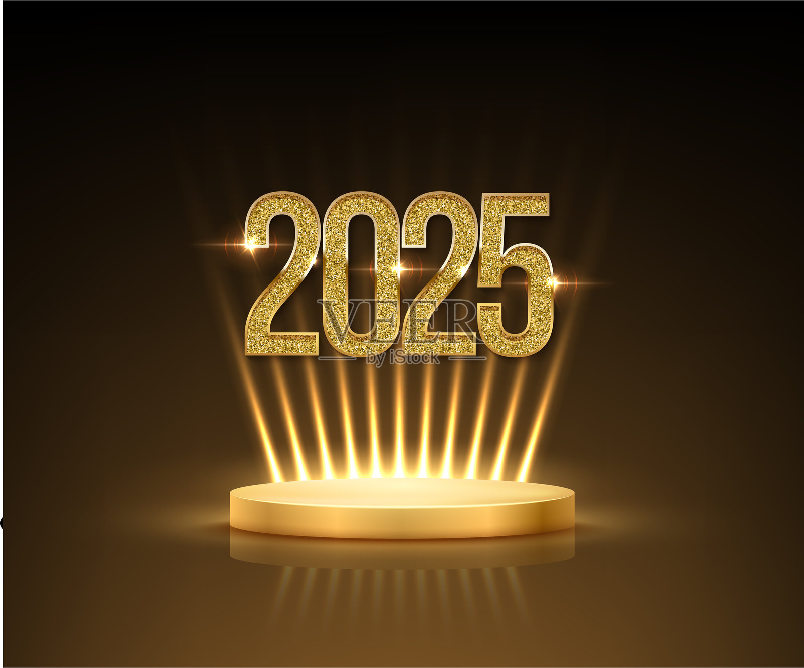 金色的2025数字位于金色丝带和聚光灯下的讲台上，圣诞快乐和新年快乐横幅模板。节日明信片，圣诞贺卡设计。插画图片素材