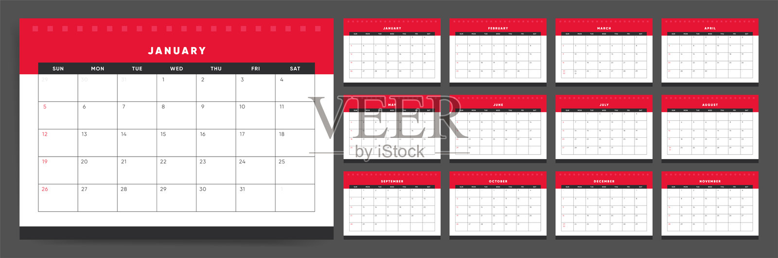 2025年日历模板。周日为一周的开始。简洁的壁挂式2025年日历。企业或商务日历。英文矢量日历每月页面红色布局。插画图片素材