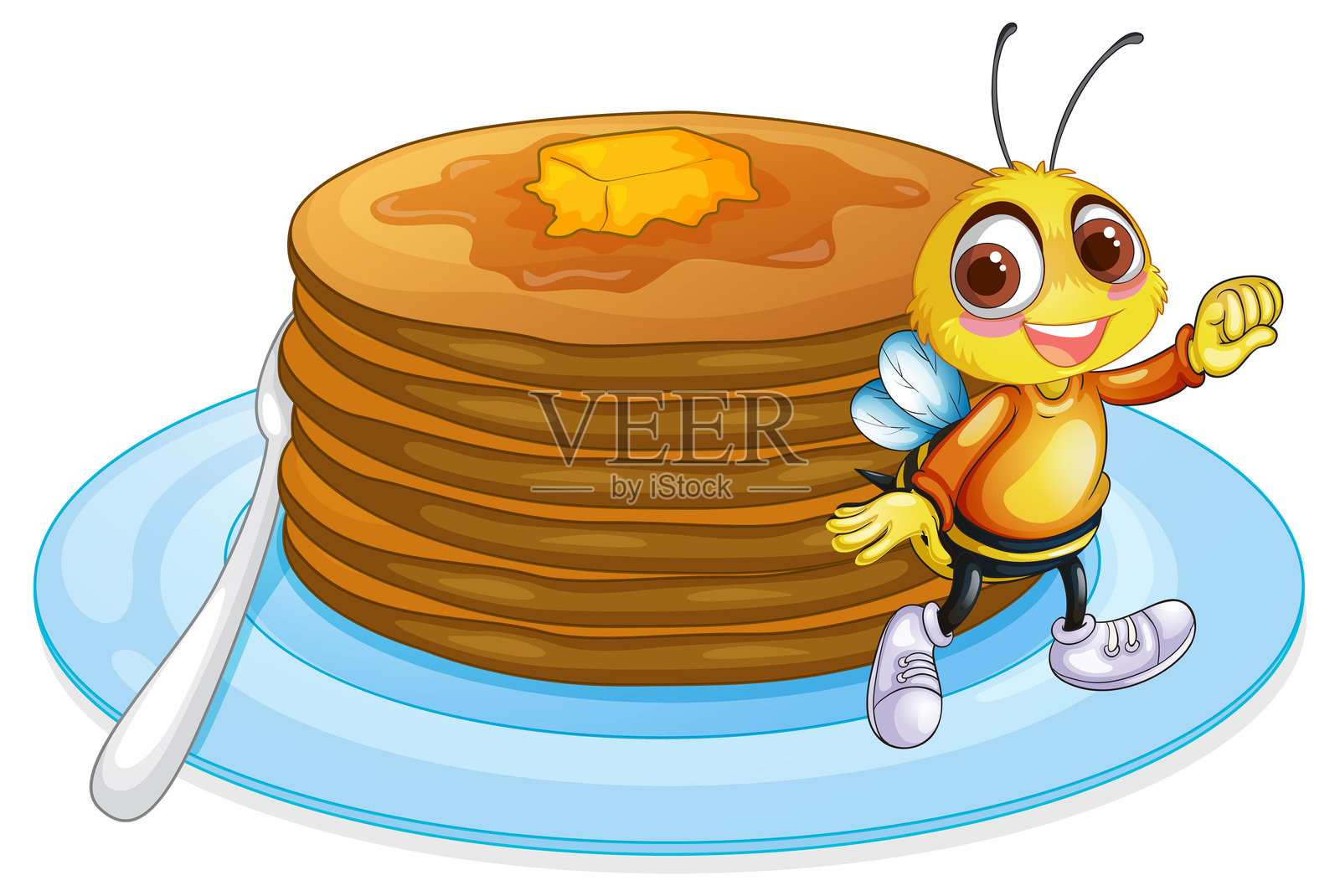 一只快乐的蜜蜂在一堆煎饼旁边插画图片素材