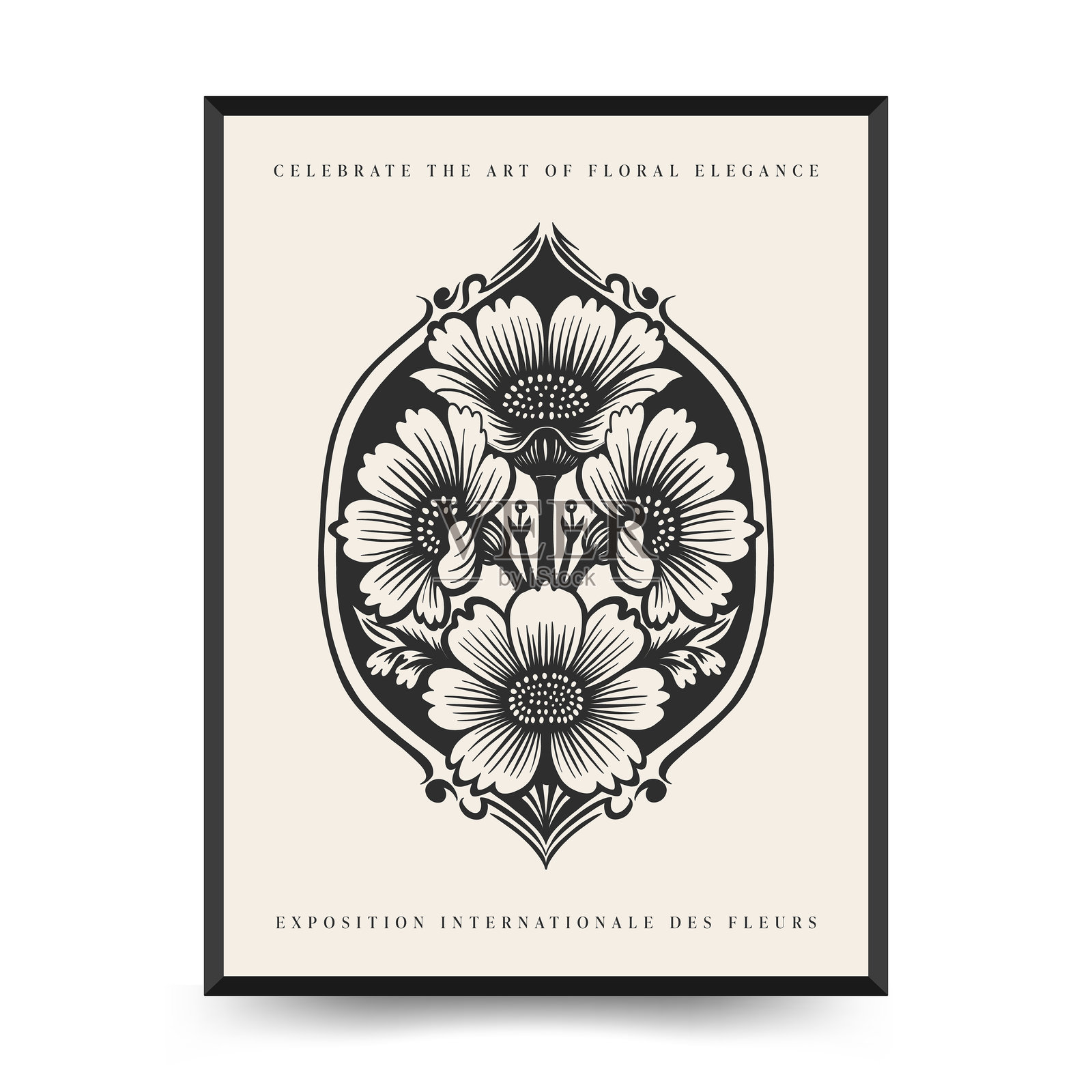 抽象的亚麻版画花卉海报模板。现代时尚的极简风格。黑白色调。植物块印刷。手绘设计适用于壁纸、墙面装饰、印刷品、明信片、封面和模板。插画图片素材