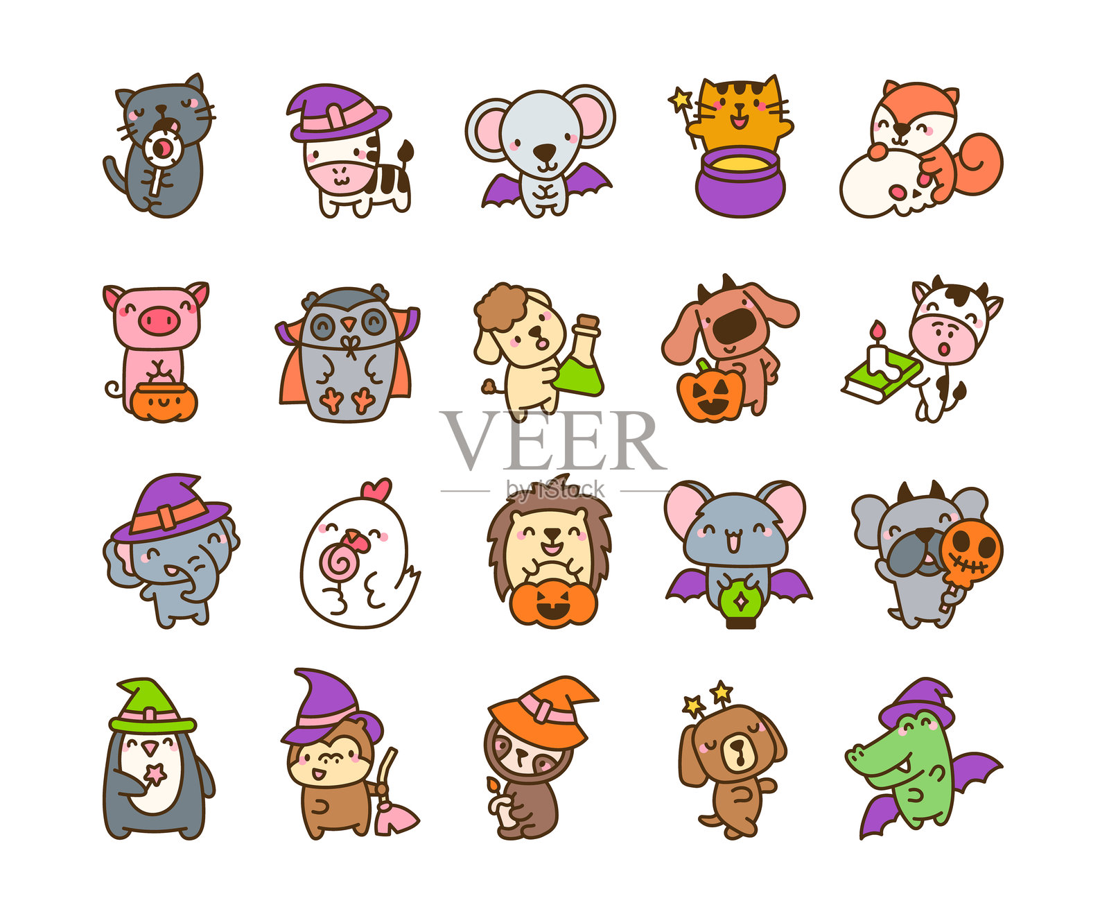 万圣节可爱的卡通动物角色套装，配有可爱的魔法帽、南瓜、药水和神秘的翅膀服装及配饰插画图片素材