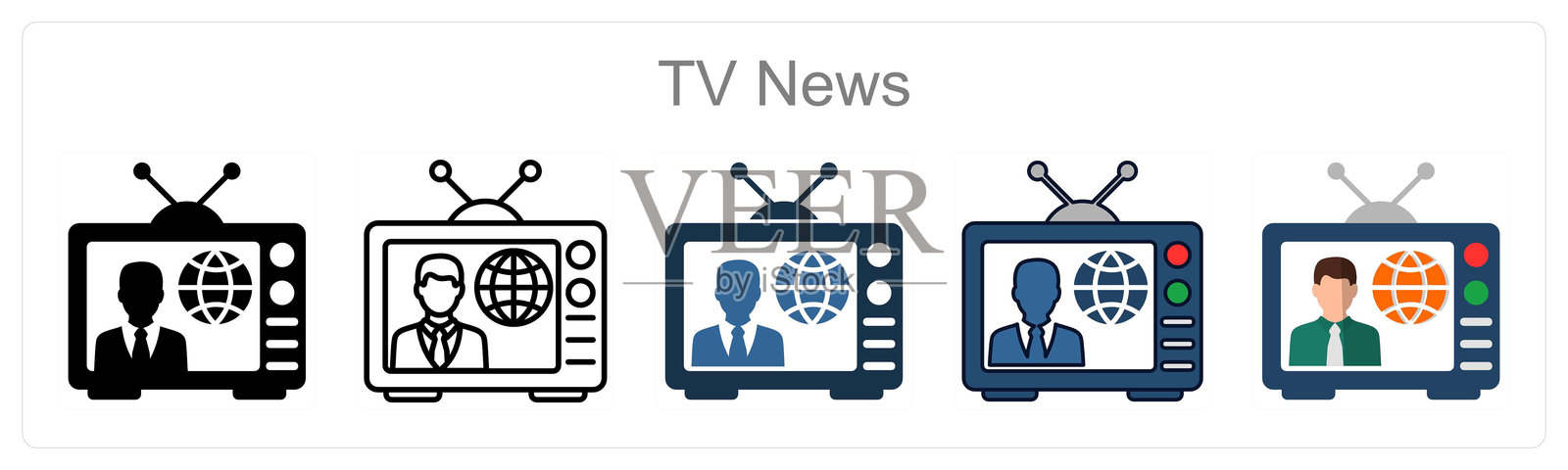 一组5个电视新闻图标，代表广播、媒体和新闻业插画图片素材