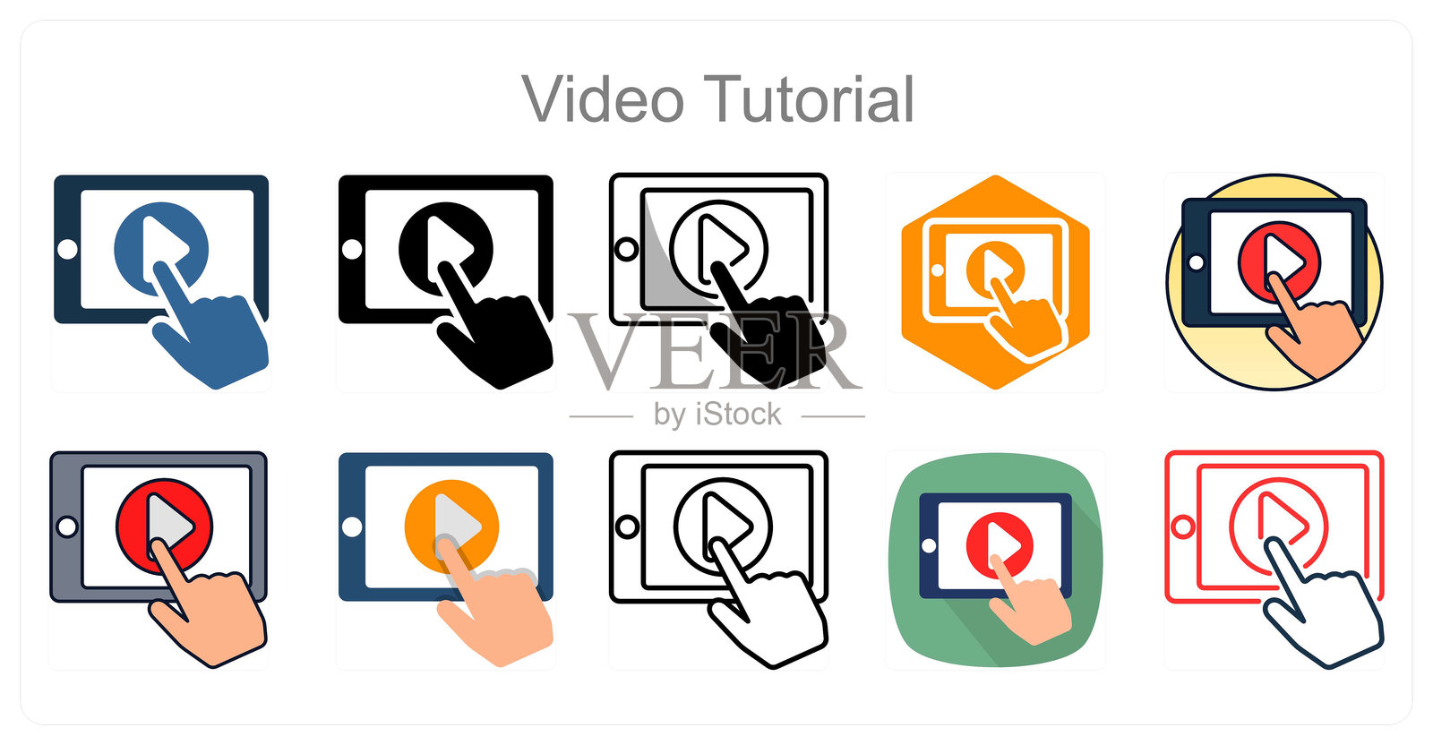 一组10个视频教程图标，包含视频、教程和学习元素插画图片素材