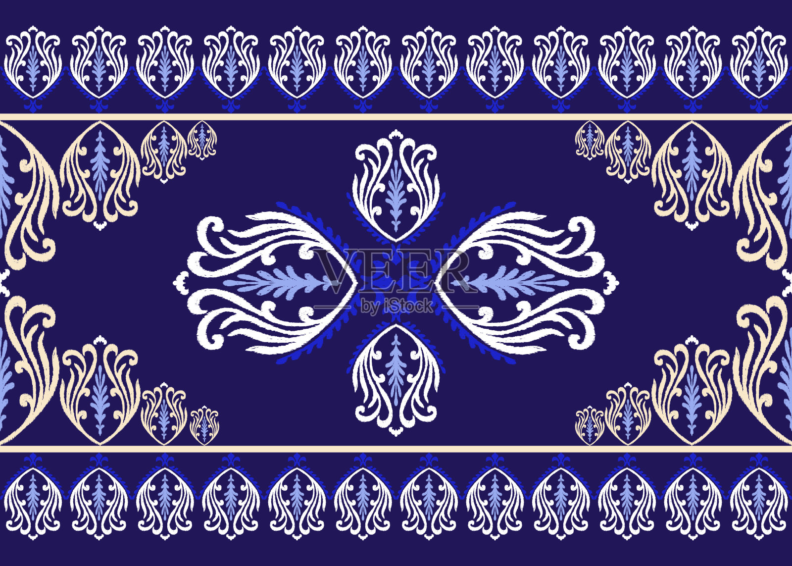 伊卡特花卉佩斯利刺绣民族传统图案，抽象几何民族东方伊卡特无缝矢量传统设计，印度风格装饰地毯、窗帘、枕头几何图案插画图片素材