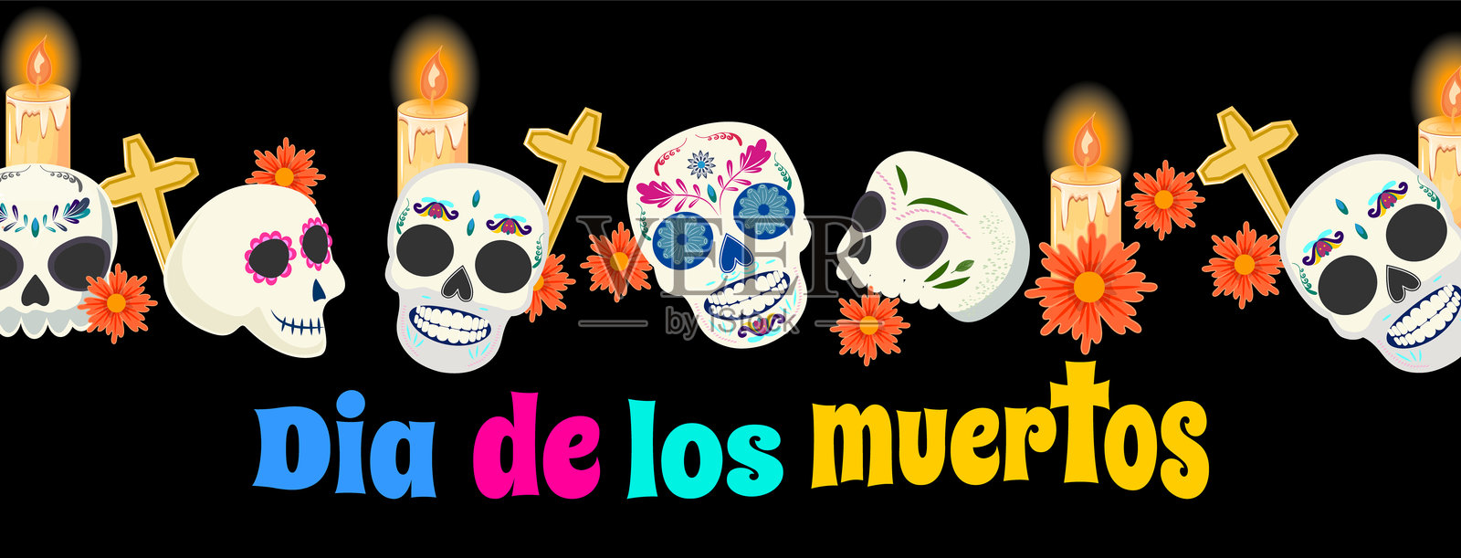 黑色背景上的横幅，描绘了亡灵节的骷髅、鲜艳的花朵、蜡烛和十字架插画图片素材