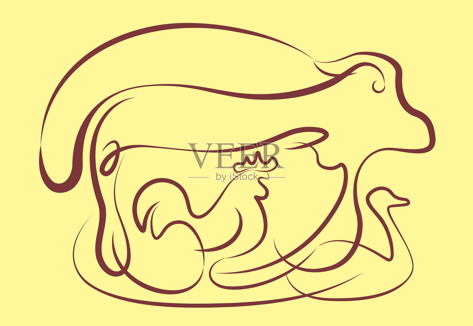 牛、猪、鸡、鸭的线条画插画图片素材