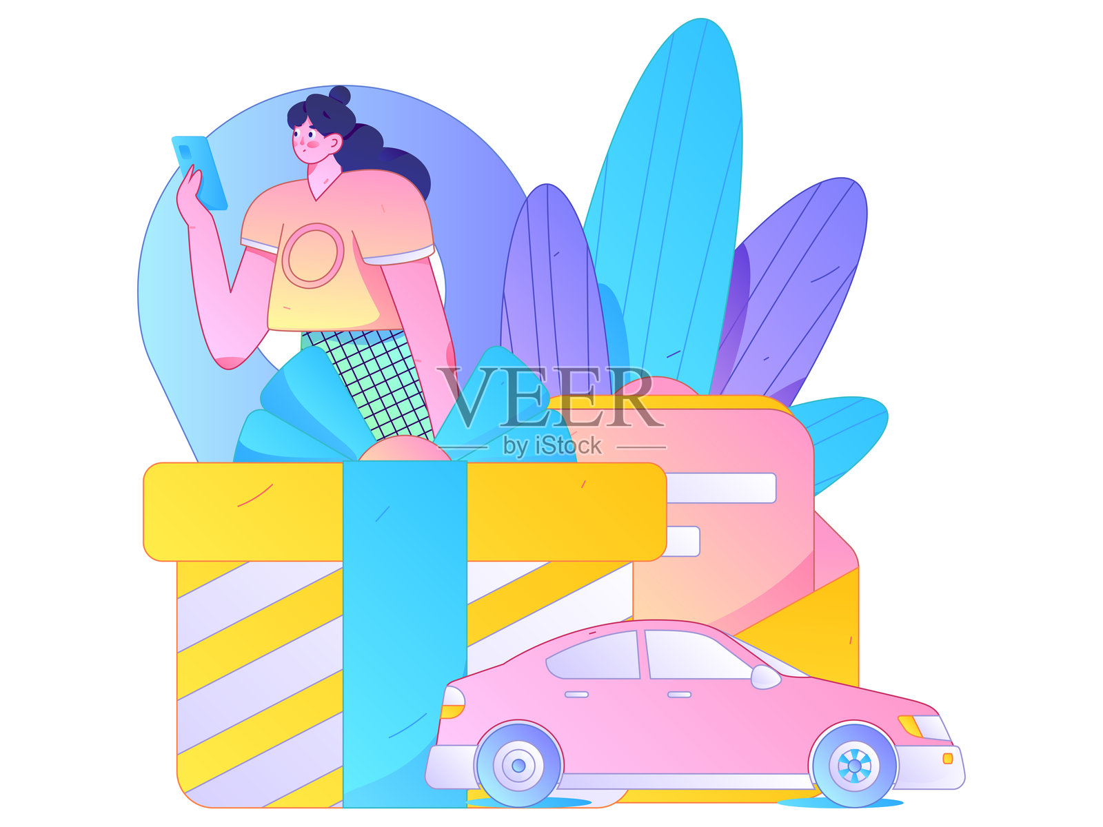 扁平矢量概念手绘插图，描绘人们打出租车的场景插画图片素材