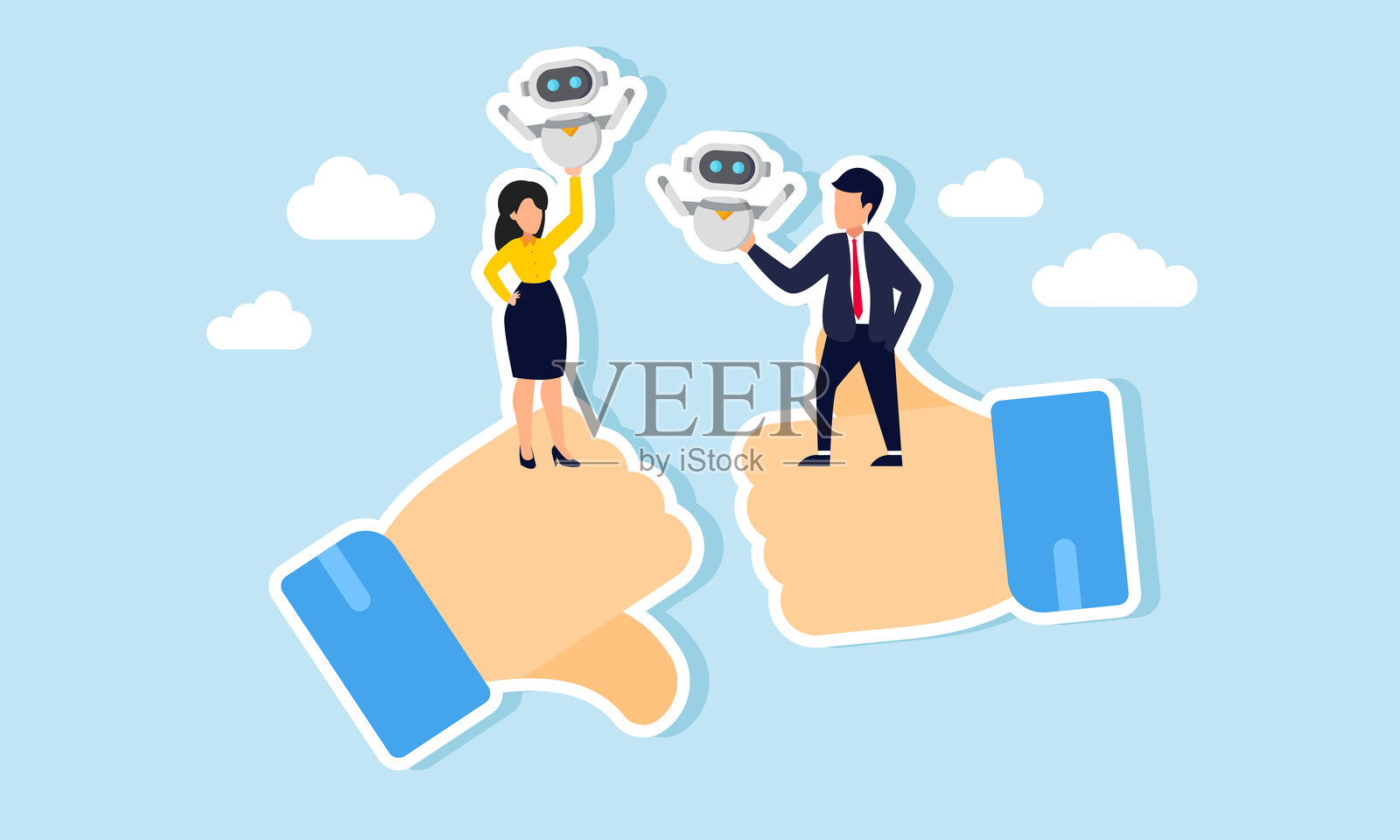 一位商人在竖起大拇指的标志上站着，另一位女商人在对面，各自手中握着一个人工智能机器人，插图展示了对使用人工智能提高公司效率的不同看法。插画图片素材