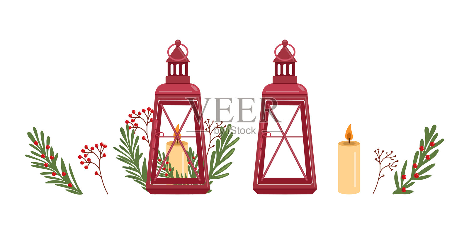 冬季圣诞灯笼，扁平矢量设计的装饰。节日快乐。元素集合。插画图片素材