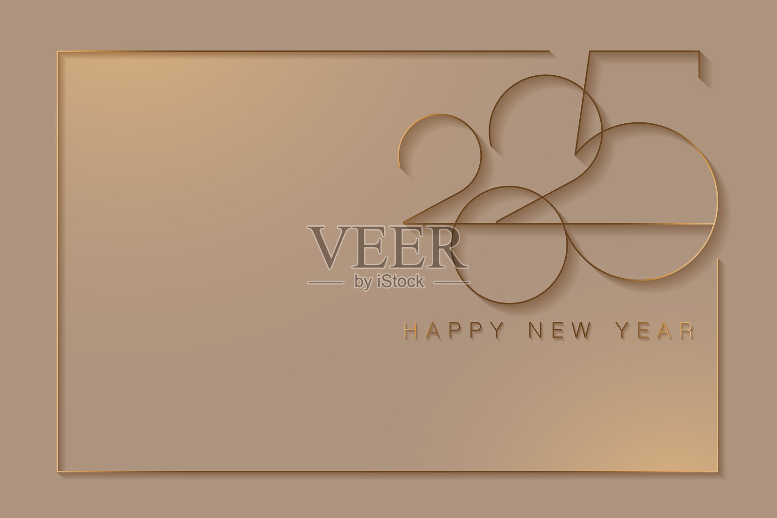 2025年新年金色标志设计。节日贺卡。留白。用于贺卡、邀请函、日历、派对的矢量设计，金色节日横幅，独立于浅米色背景。插画图片素材