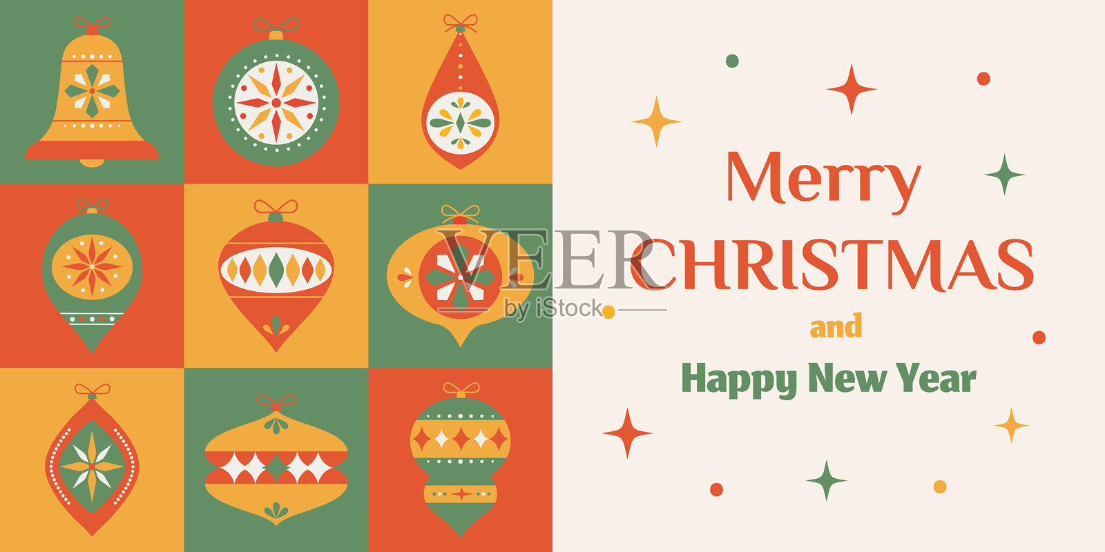 现代简约平面风格的圣诞节和新年背景。圣诞节五彩几何装饰。节日Xmas横幅，贺卡。插画图片素材