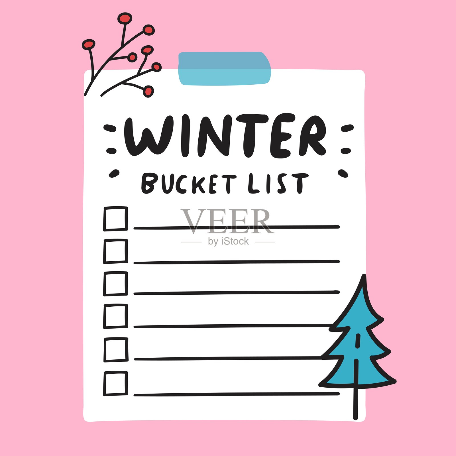 粉色背景上的冬季愿望清单。插画图片素材