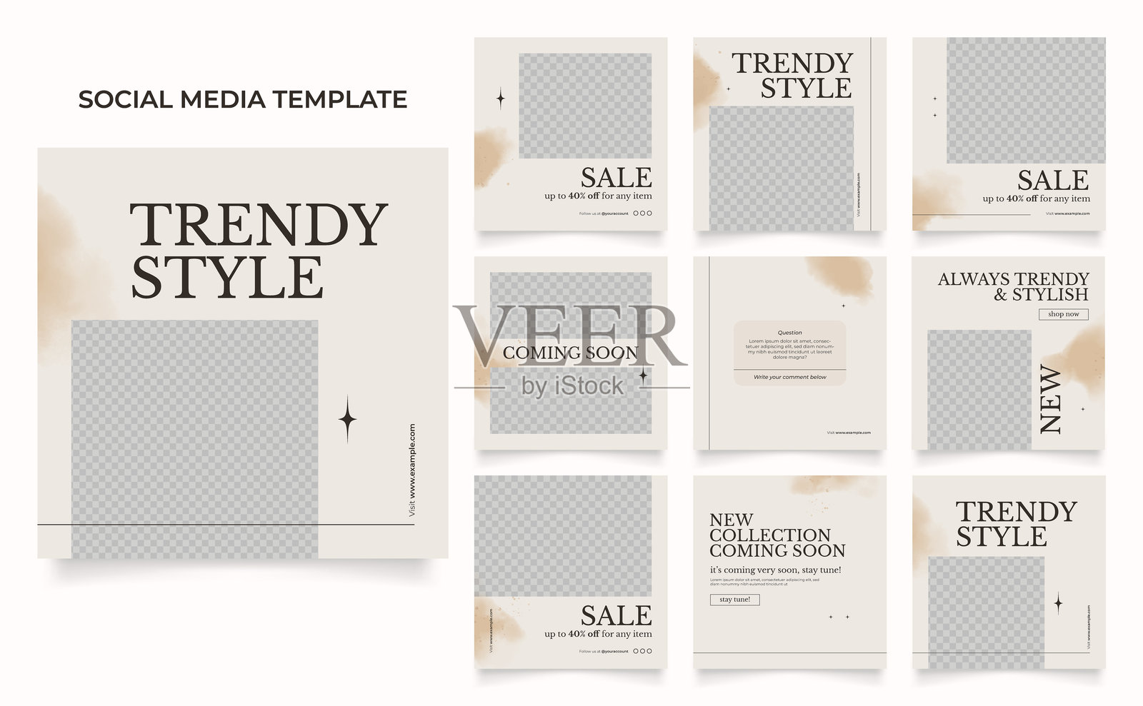 社交媒体模板横幅时尚促销活动。完全可编辑的方形帖子框拼图时尚促销海报。棕色米色水彩矢量背景。插画图片素材