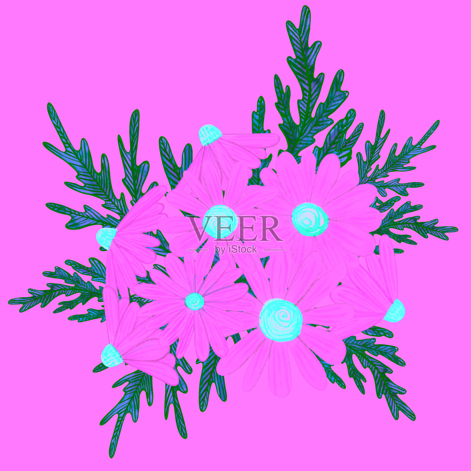 白色的洋甘菊盛开，中央为黄色，周围有细致的绿色叶子。水彩插图描绘了白色背景上的雏菊花。这是一幅天真、自然灵感的艺术作品，适合印刷和植物项目。插画图片素材