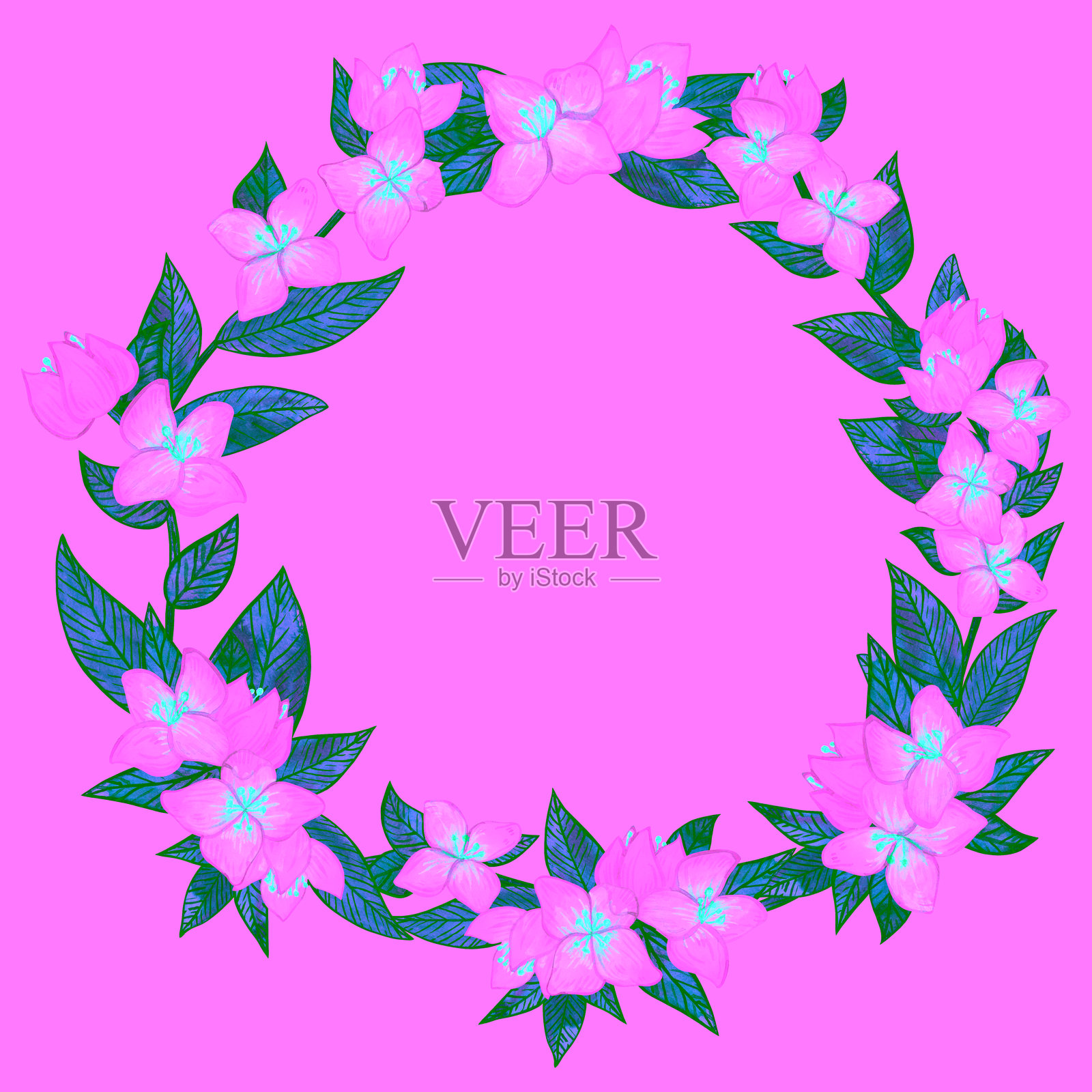 白色花朵和鲜艳绿色叶子的茉莉花。由花蕾、叶子和绿植组成的花环。春夏季节的植物水彩圆环，背景为白色。插画图片素材