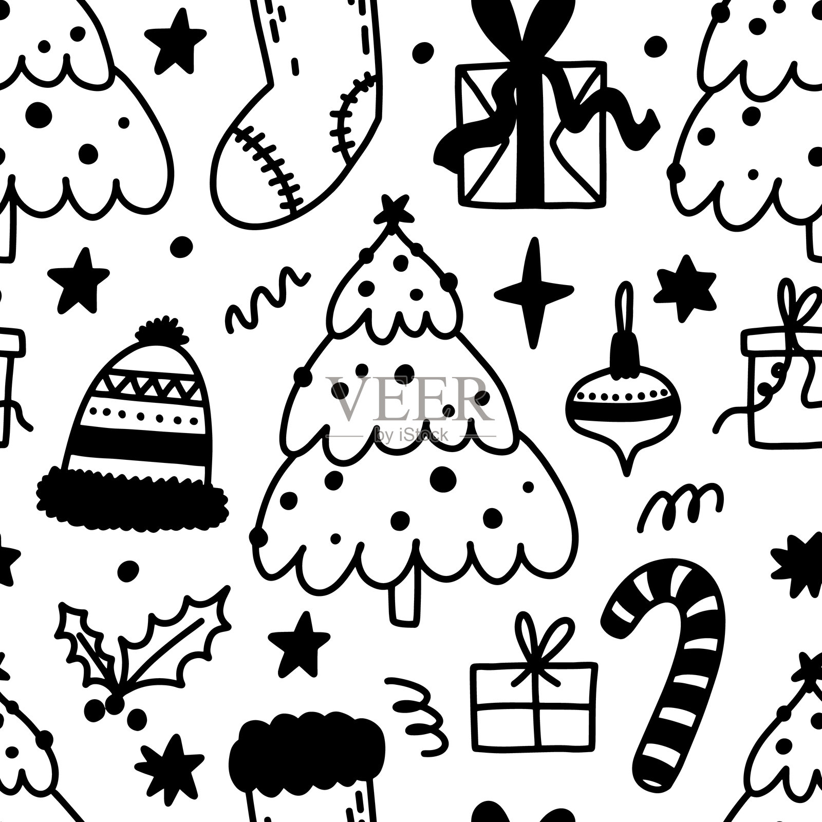 新年和圣诞节无缝图案，包含树、袜子和礼物。节日快乐。冬季涂鸦简单图案。适用于纺织品、纸张和装饰的无尽背景。插画图片素材