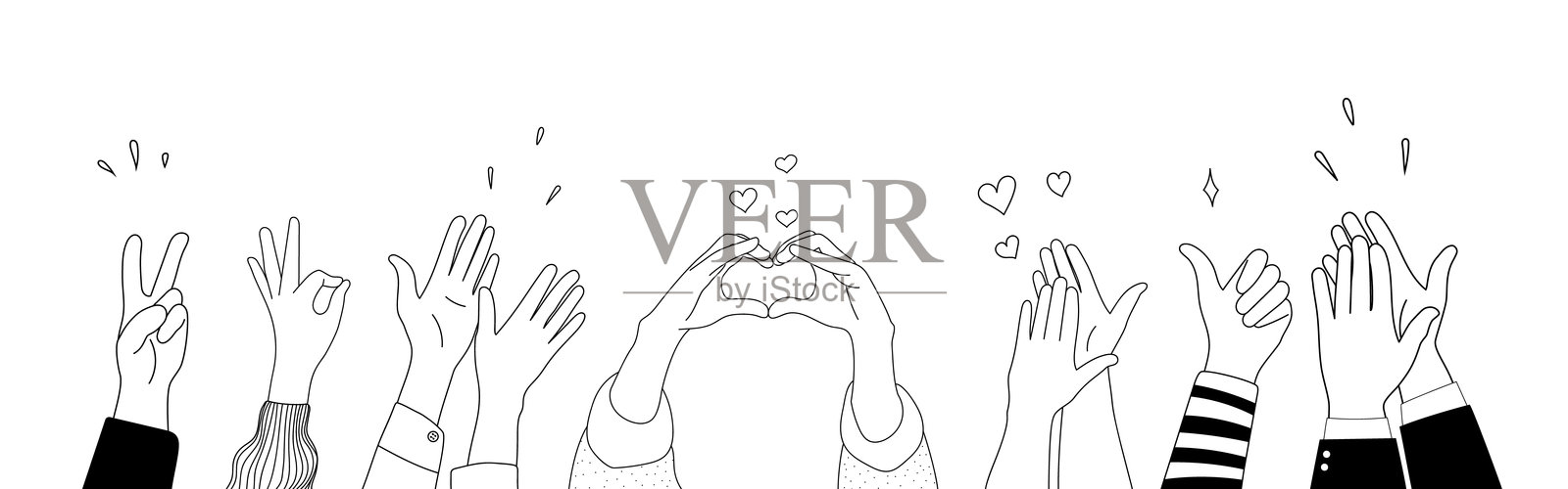 涂鸦素描举手手势漫画图标剪影矢量集合。插画图片素材