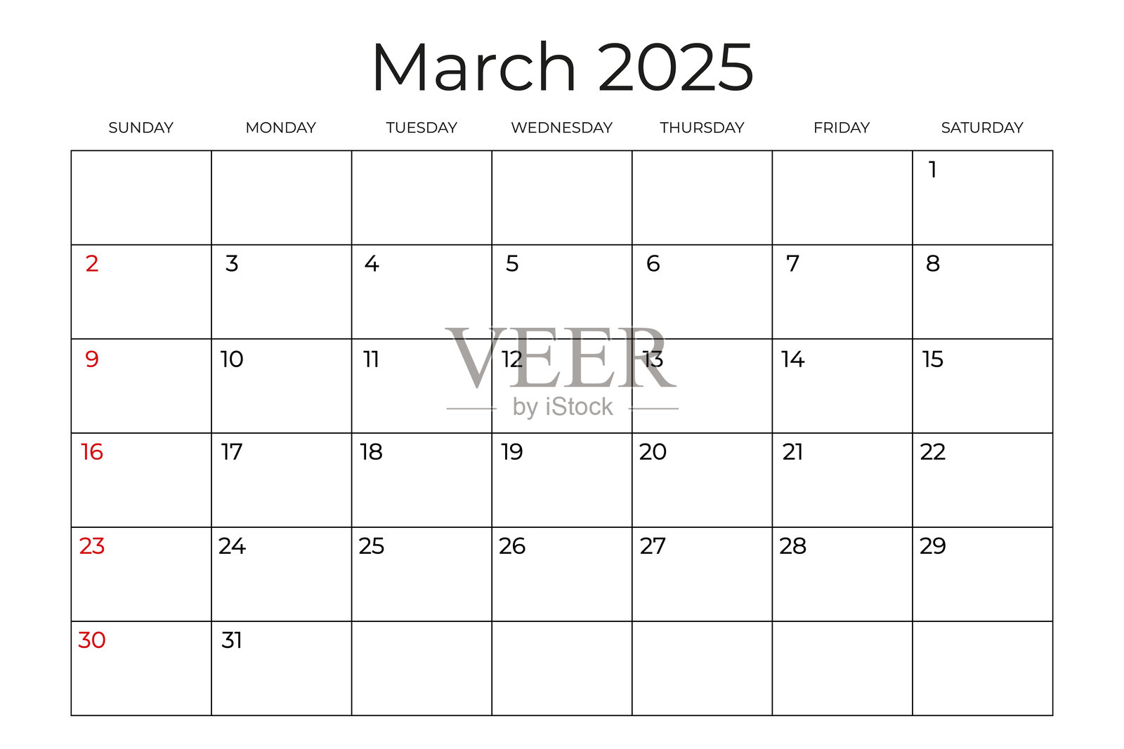 2025年3月可打印的月历模板。周日开始的一周。极简风格的挂历。简单干净的设计。准备打印。矢量插图。插画图片素材