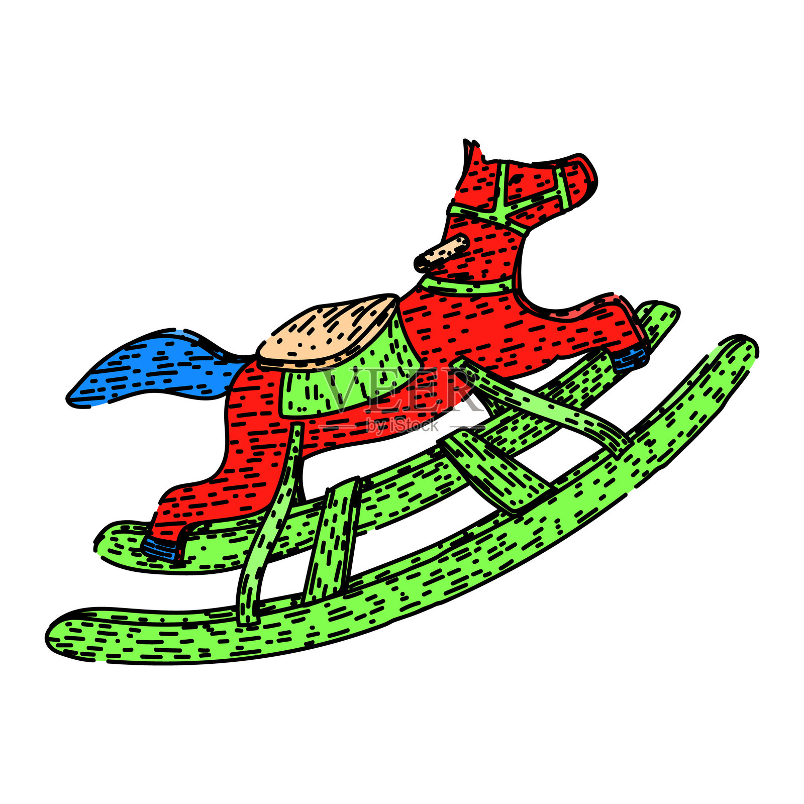 手绘矢量图的幼儿摇马草图插画图片素材