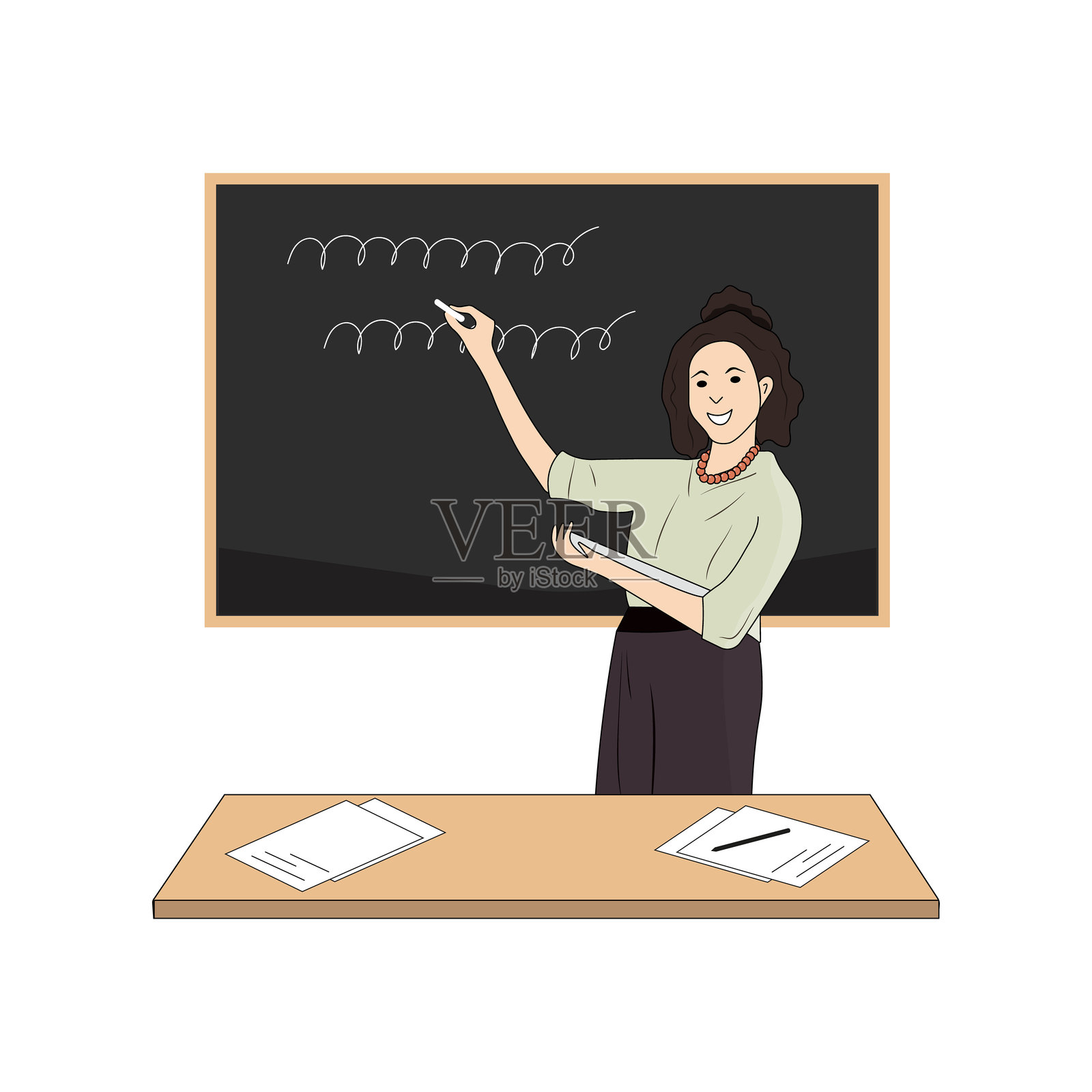 微笑的女教师在教室里靠近黑板和桌子。教育、讲座和学校或大学的课程。插画图片素材