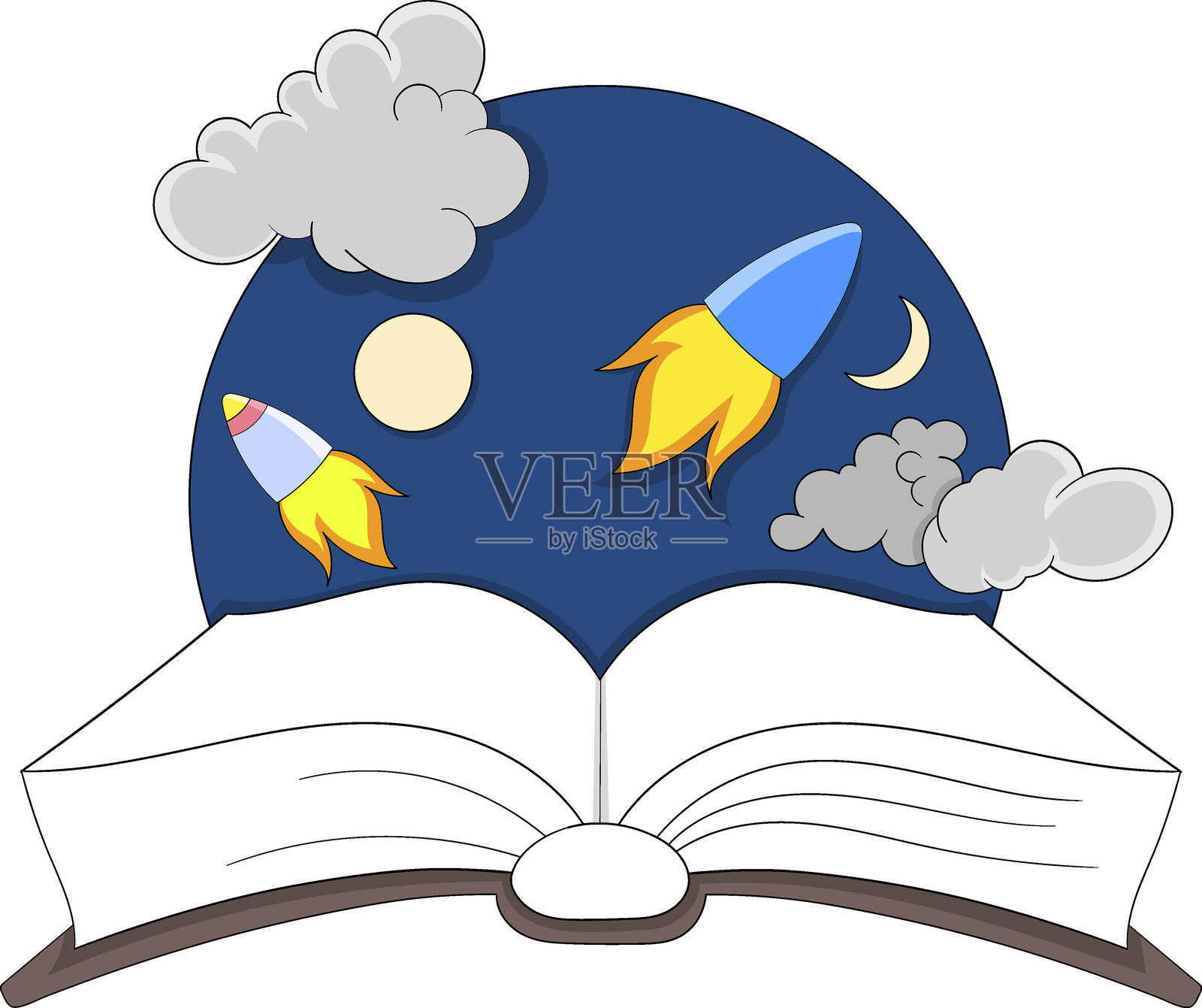 打开的书籍插图，火箭和云彩象征着儿童的梦想和抱负插画图片素材