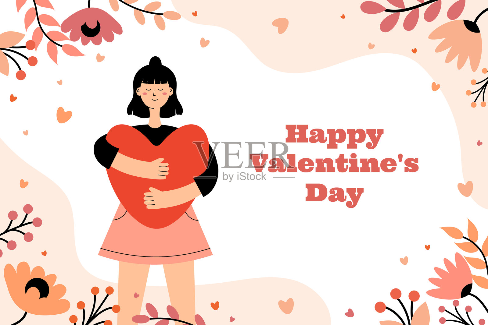 情人节快乐。女孩，女人拥抱心形图案。贺卡，海报，横幅。矢量插图插画图片素材