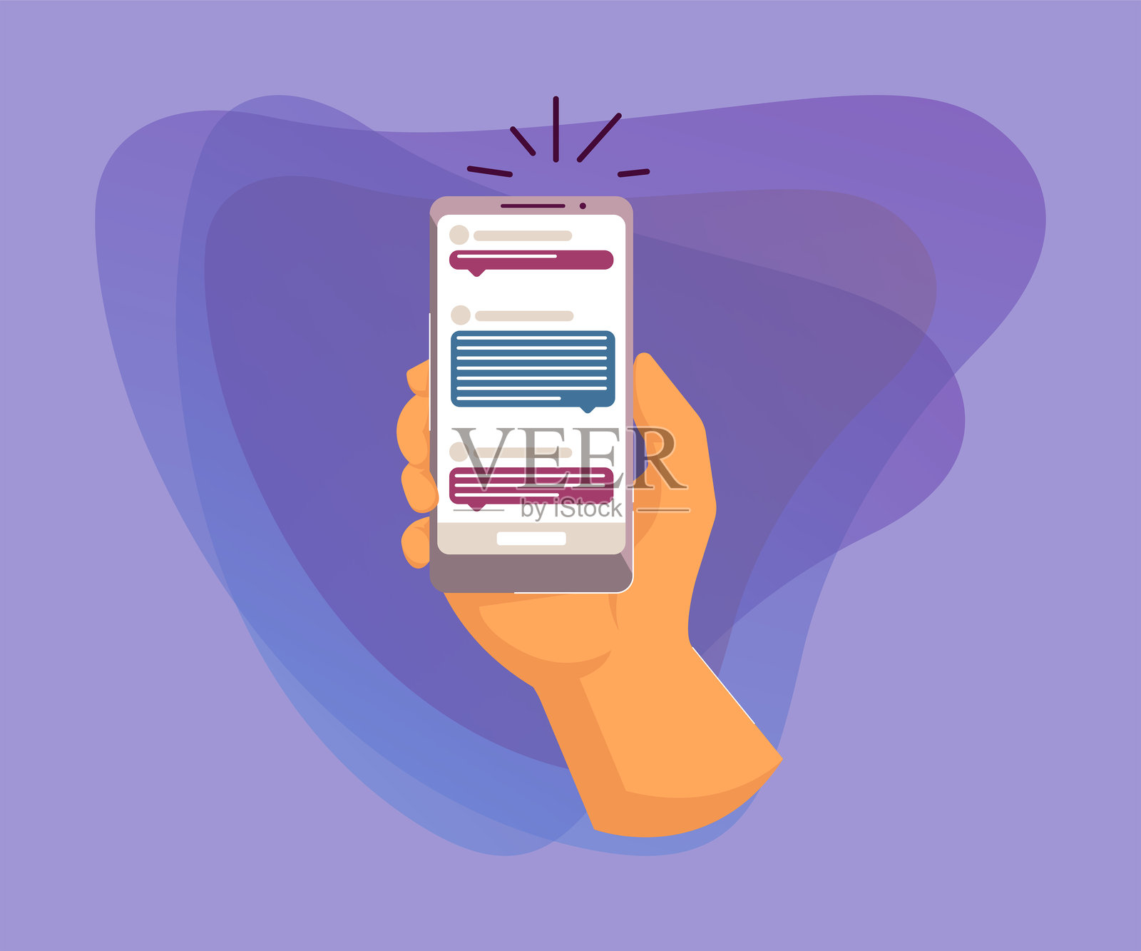 人手握着智能手机，显示在线短信内容插画图片素材