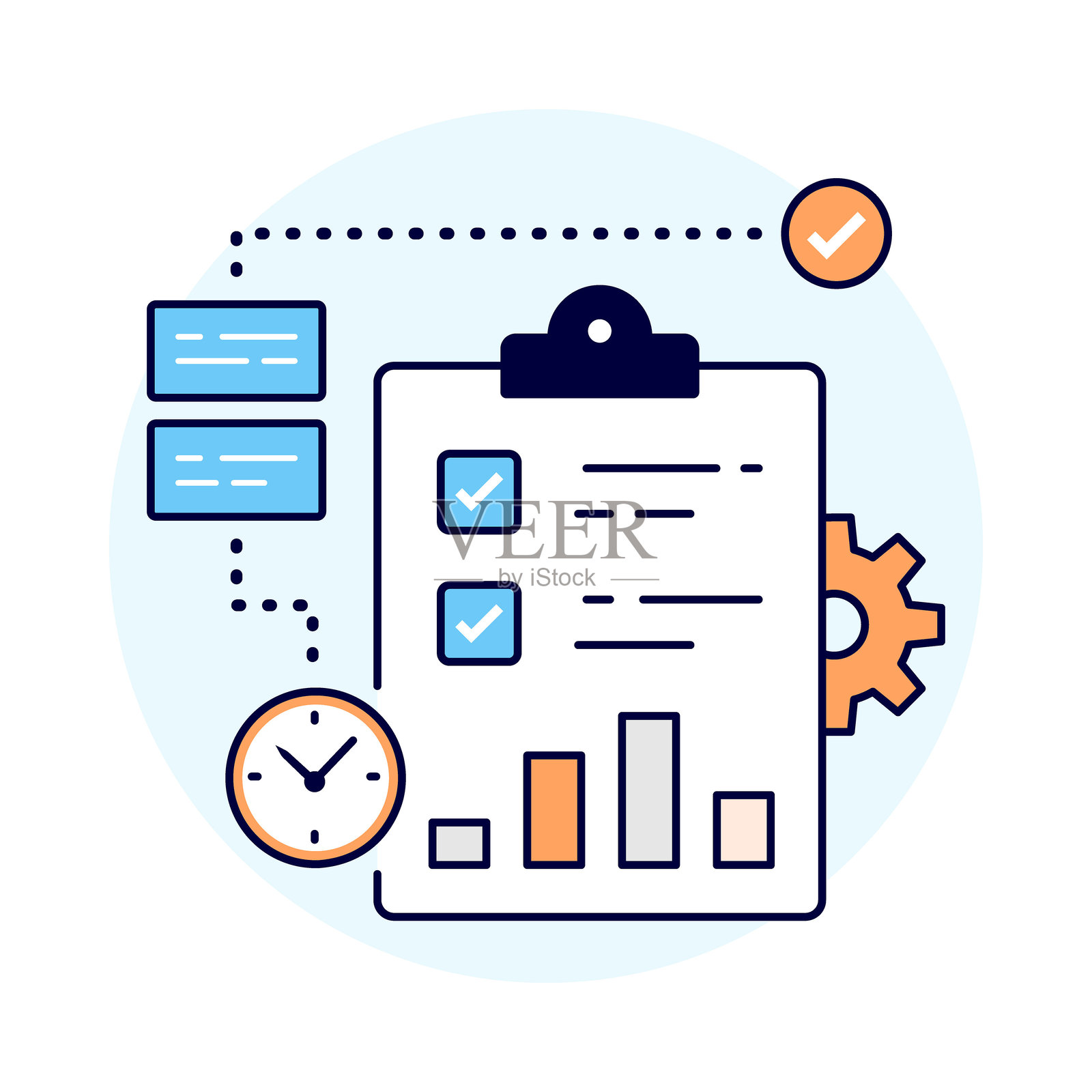 任务管理图标 - 带有任务和时钟的剪贴板，代表规划、日程安排和生产力插画图片素材
