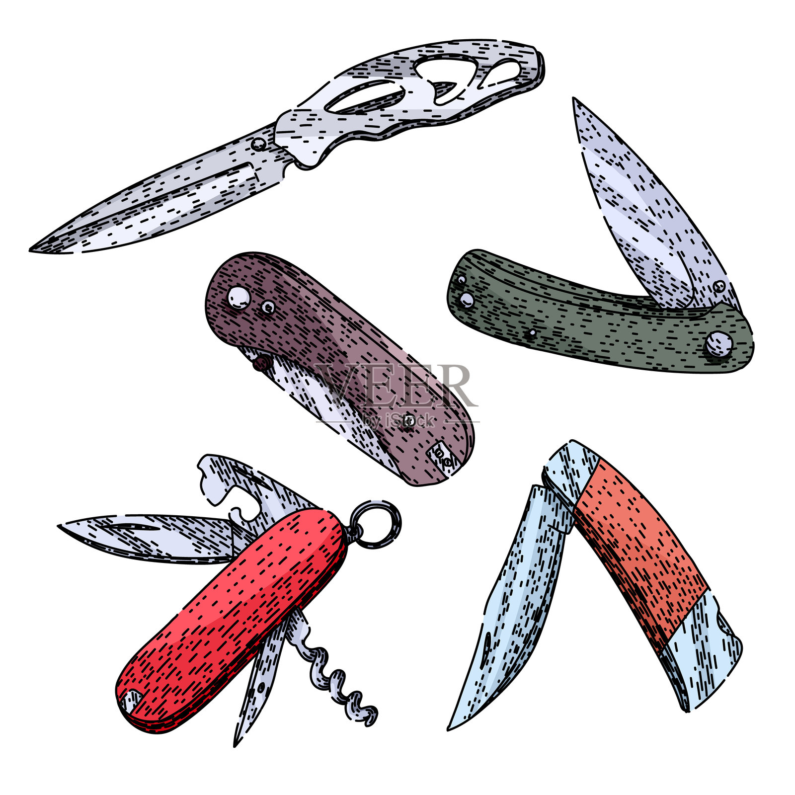 手绘口袋刀具套装草图矢量图插画图片素材