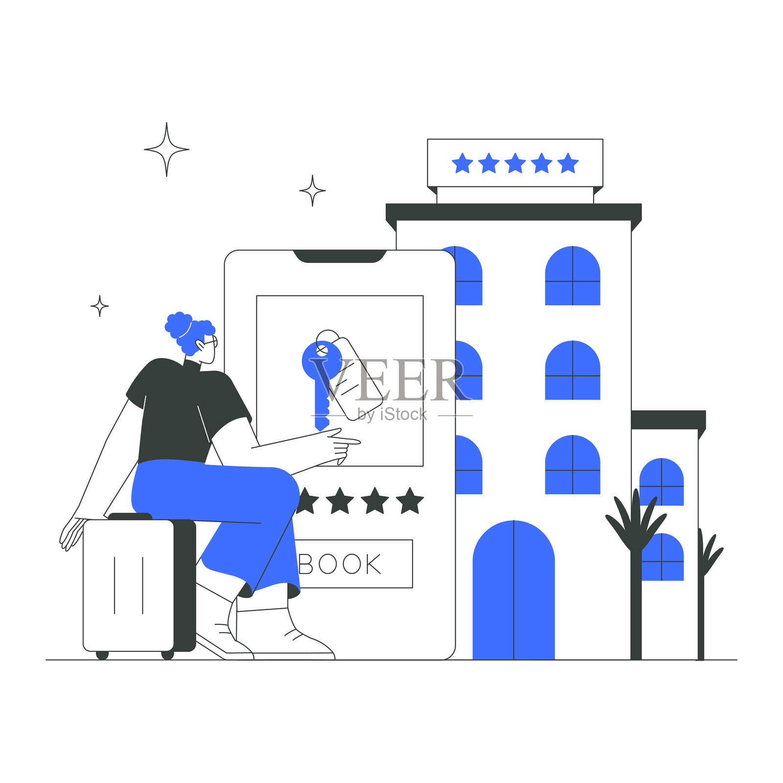 女性旅行者通过智能手机应用预订酒店的扁平矢量插图，象征着旅行、便利和在线预订，背景为白色。插画图片素材