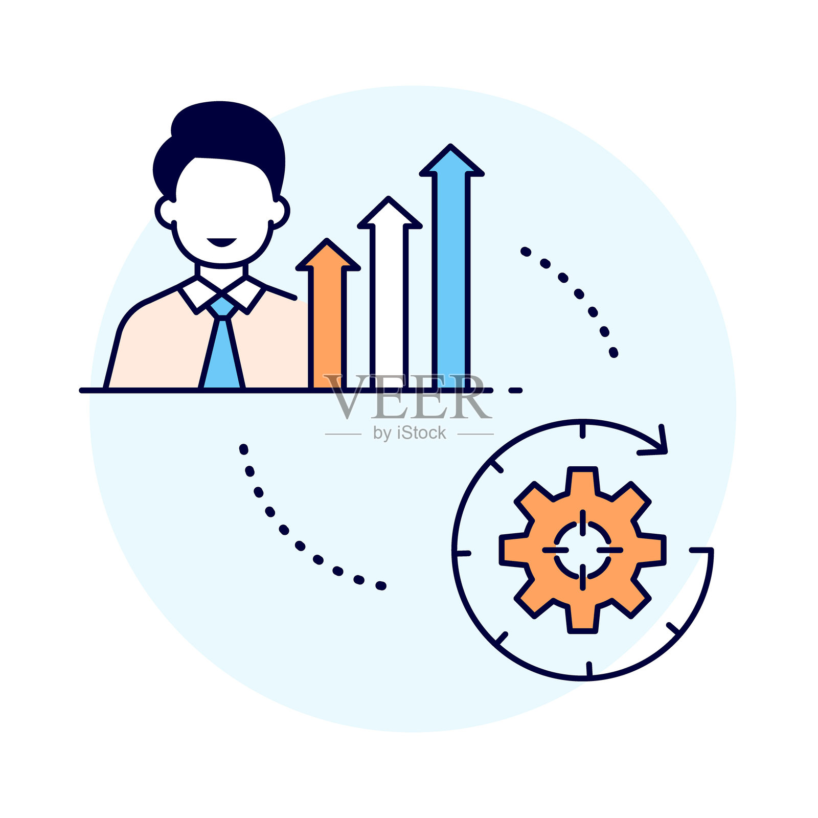 专注与生产力图标 – 代表绩效、目标和高效工作的图表与齿轮的人物插画图片素材