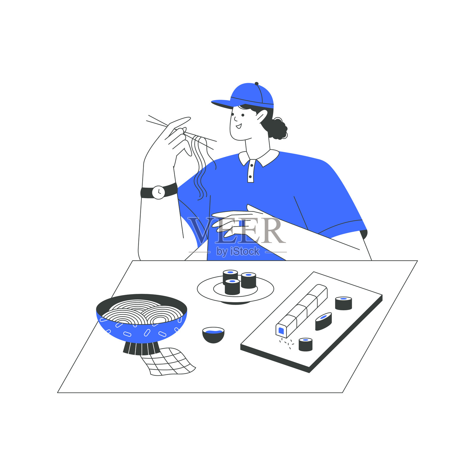 女性在桌子上享用寿司的扁平矢量插图，象征着日本料理、饮食文化和美食乐趣，背景为白色。插画图片素材