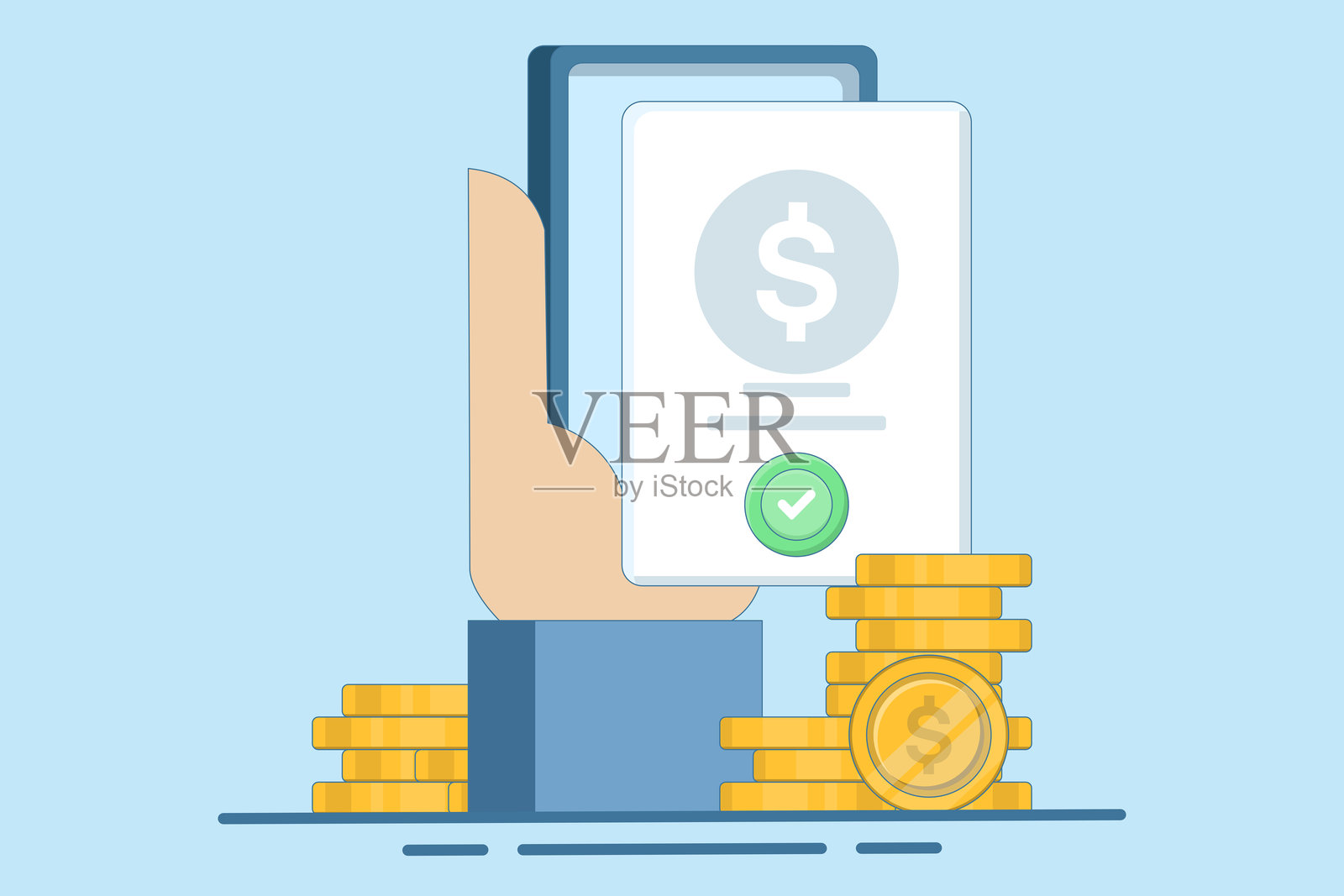 手机上在线检查资金的概念，手持带有勾号的手机和硬币。数字营销，在线支付，确认的互联网交易，数字货币转账。插画图片素材