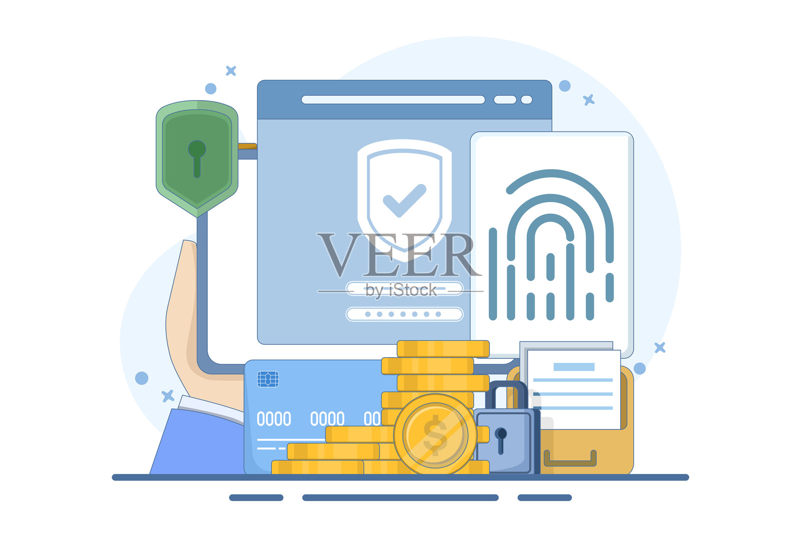 指纹数据保护概念。生物识别安全系统。个人数据保护，生物识别锁。使用指纹扫描仪进行数据和账户保护。扁平矢量插图。插画图片素材