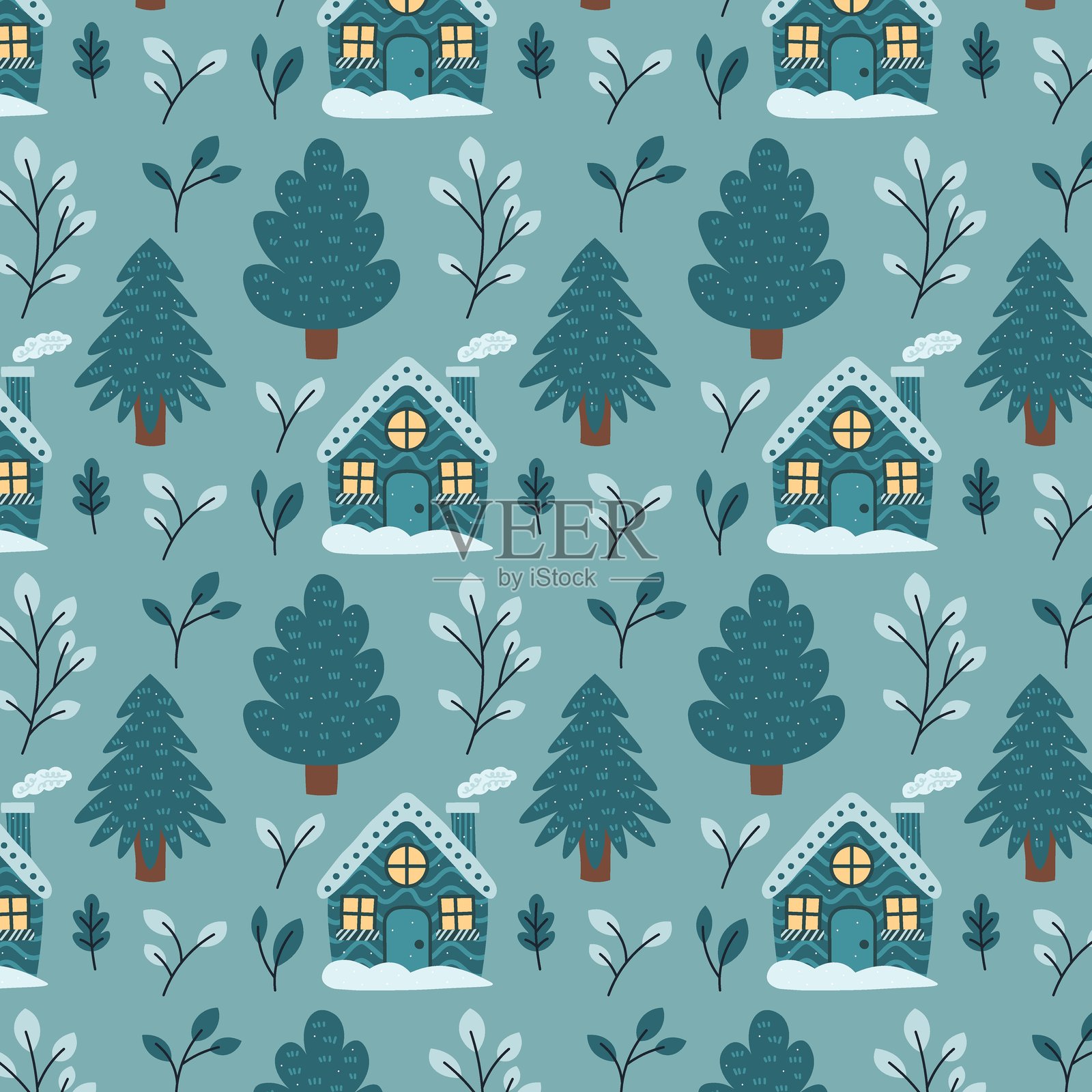 无缝的圣诞冬季森林元素图案：房子、小屋、叶子、树枝、植物元素、树木。新年矢量背景，适用于包装和剪贴簿。插画图片素材