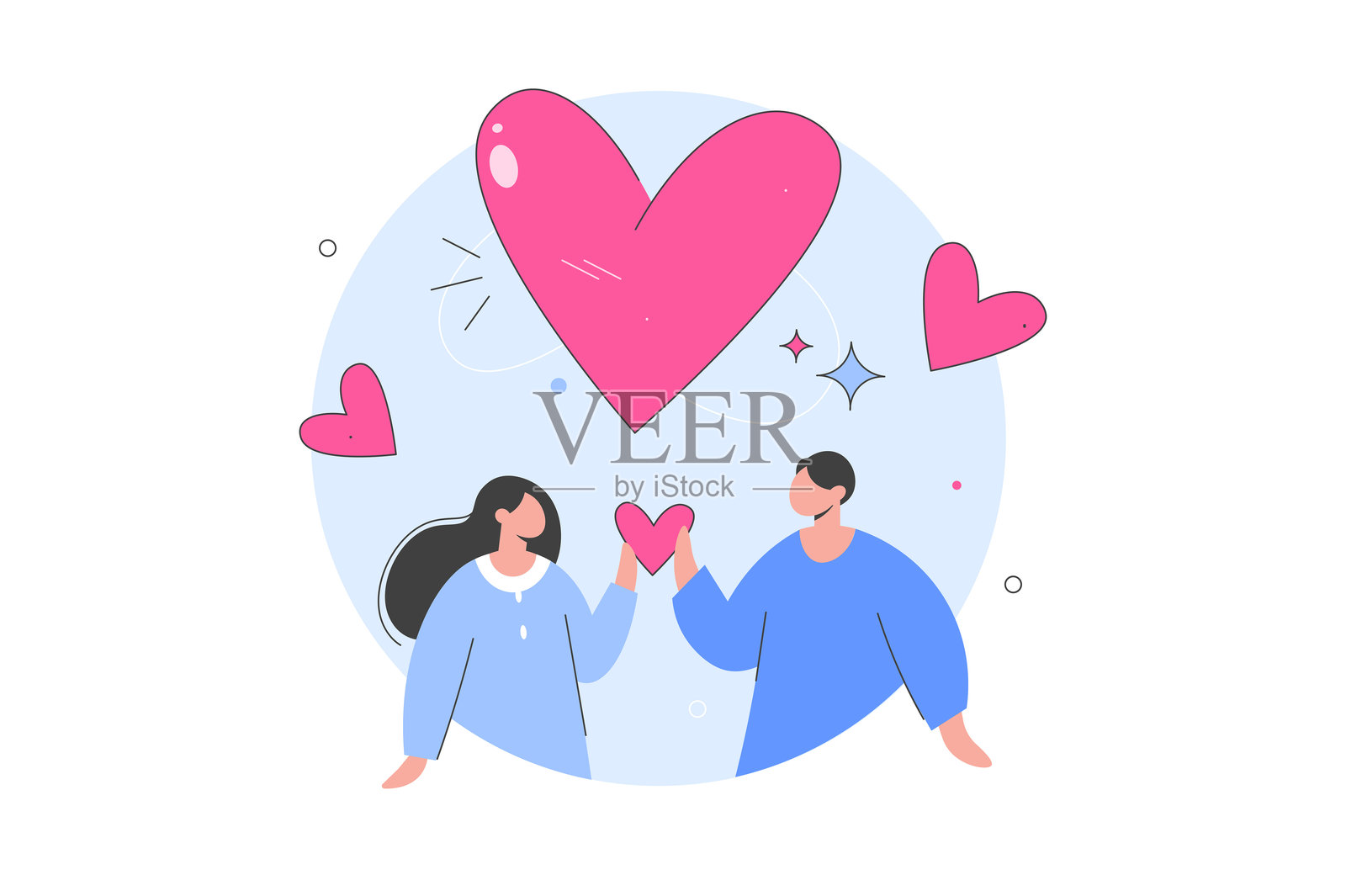 情人节。角色们互相问候并赠送浪漫的情人节心形卡片。恩爱情侣。情人节惊喜，问候。扁平卡通矢量插图，图标。时尚抽象风格。插画图片素材