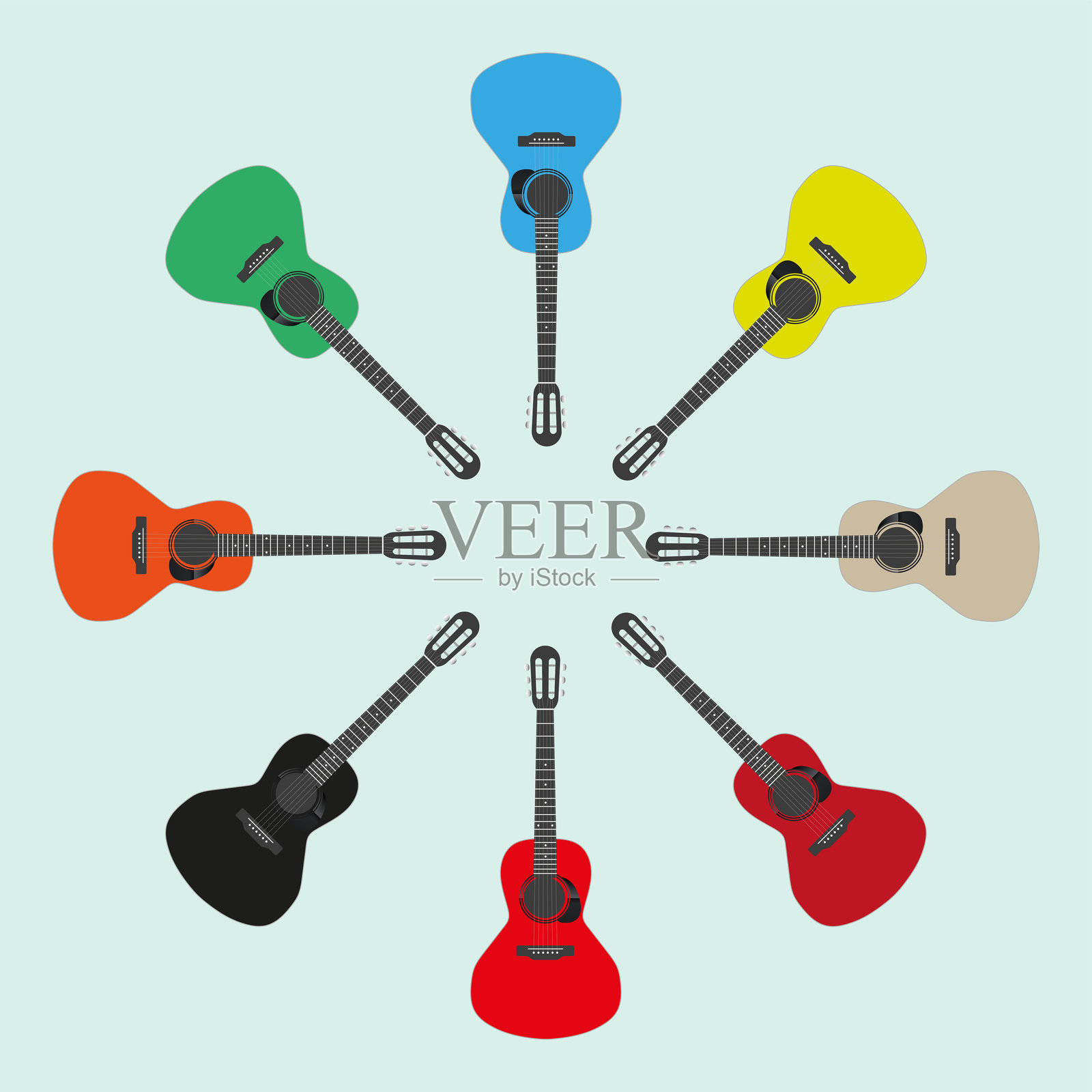一组五颜六色的经典吉他围成圆形，背景为蓝色。多种颜色的吉他图标在浅蓝色背景上。插画图片素材