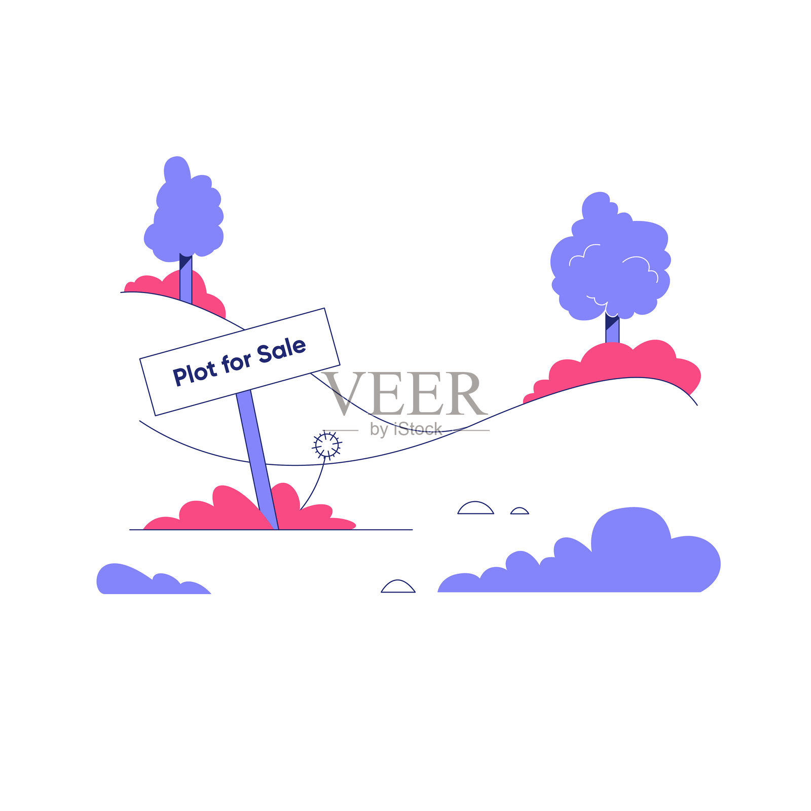 风景如画的土地出售标志，背景为树木和起伏的山丘，扁平化矢量插图，象征房地产机会和土地所有权，背景为白色。插画图片素材