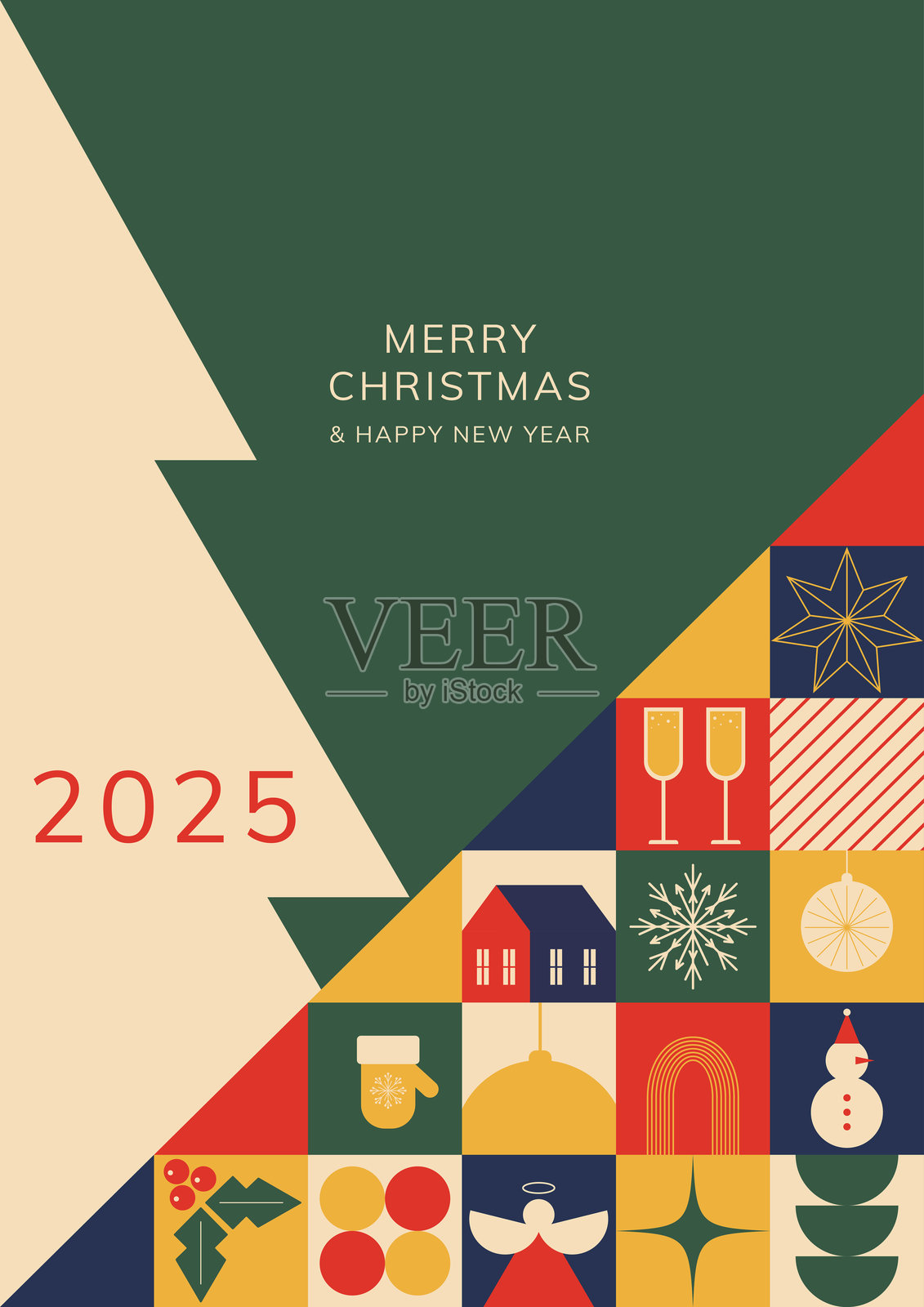 现代几何风格的新年和圣诞节贺卡。色彩丰富的插图，带有复古色彩的圣诞图标。矢量图。插画图片素材