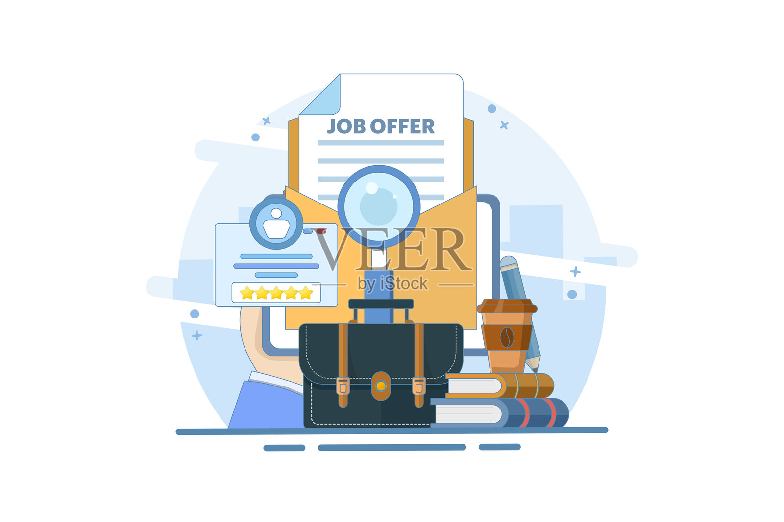 招聘概念，招聘搜索，开启职业生涯，职位空缺。我们正在招聘海报。收到工作邀请的电子邮件。招聘搜索。扁平矢量插图。插画图片素材