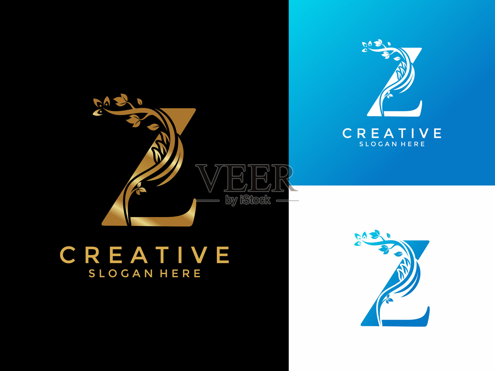 字母Z与奢华金色花朵标志设计矢量模板，适用于各种业务的首字母专业标志插画图片素材