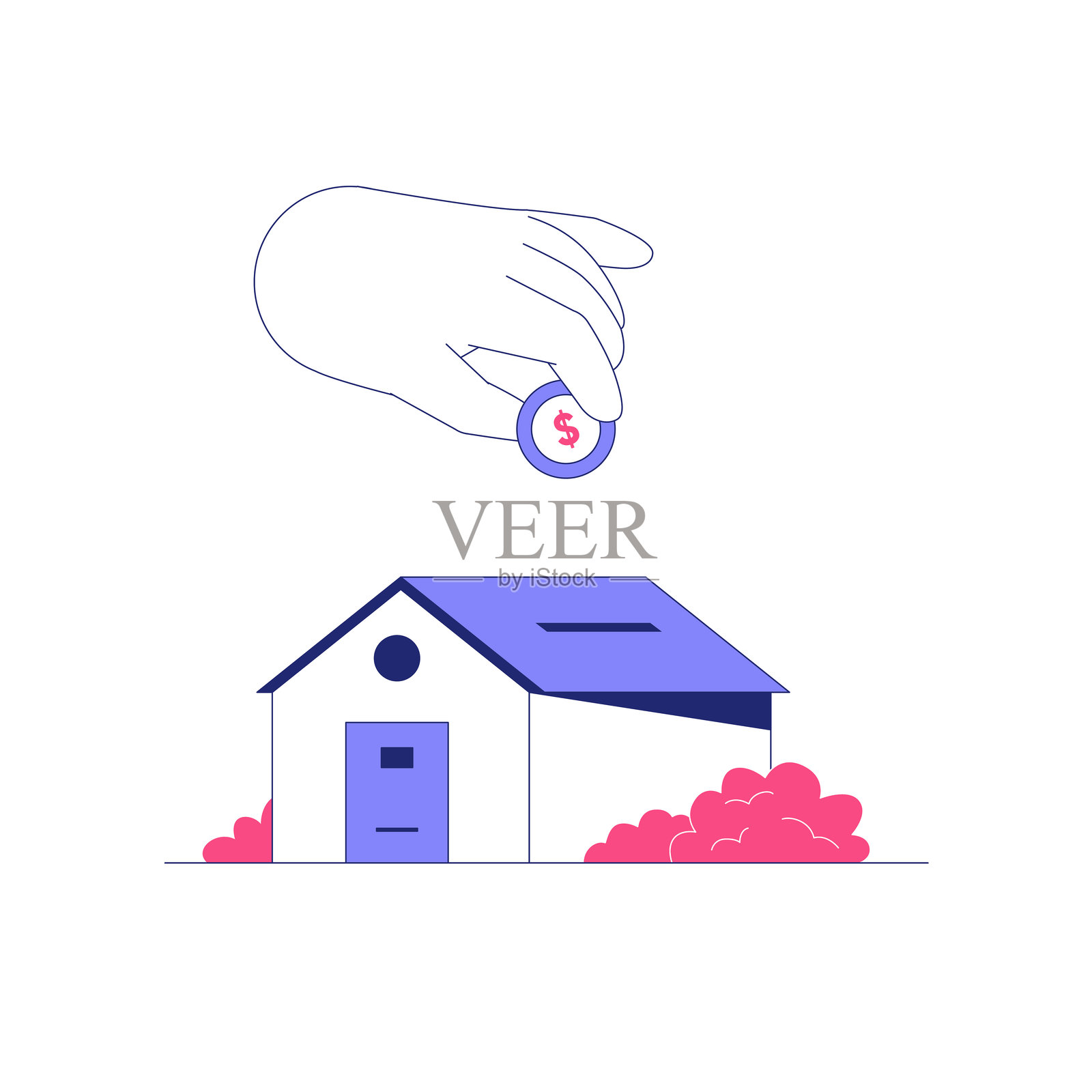 手将硬币投进房屋形状的储蓄罐，扁平化矢量插图，象征房地产储蓄和投资，背景为白色。插画图片素材
