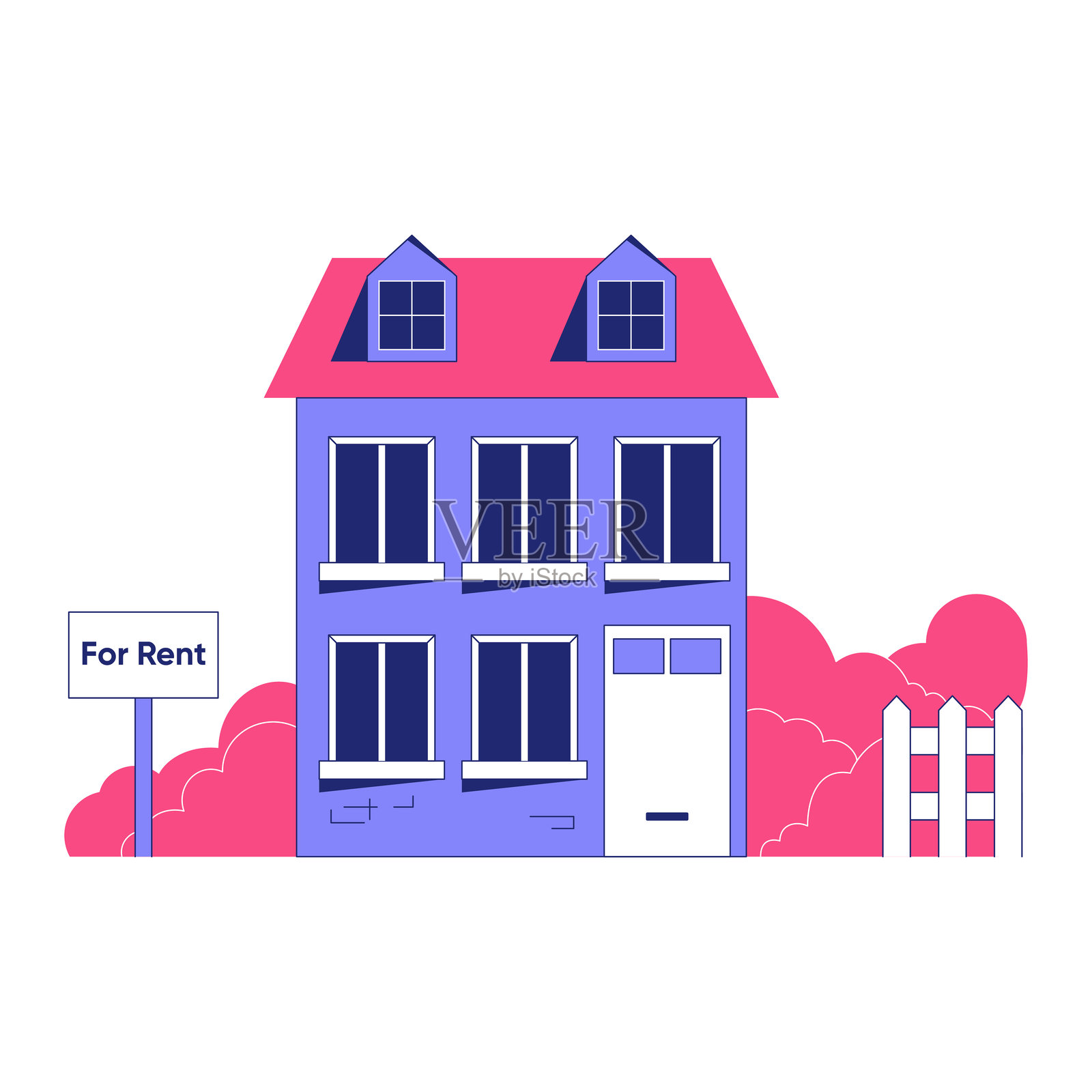 带有出租标志的房屋扁平矢量插图，象征着房地产、租赁物业和住房市场，背景为白色。插画图片素材
