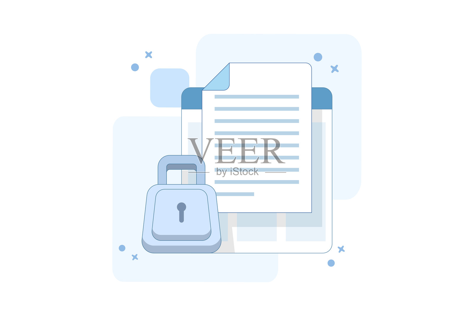 文档隐私保护概念。保护在线数字计算机数据的机密性，确保电子文档的安全性，并保护对信息的机密访问，网站隐私权限。插画图片素材